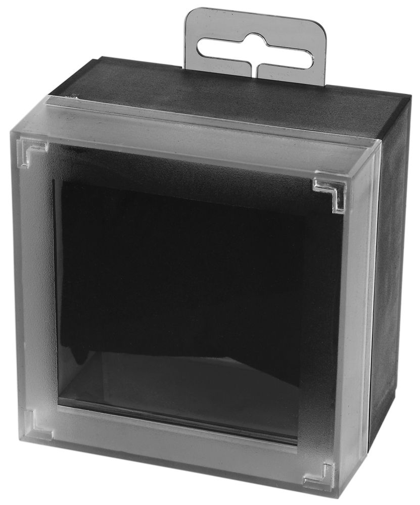 Uhrenbox aus Kunststoff, schwarz/transparent, aufhängbar, 88 x 88 x 61 mm