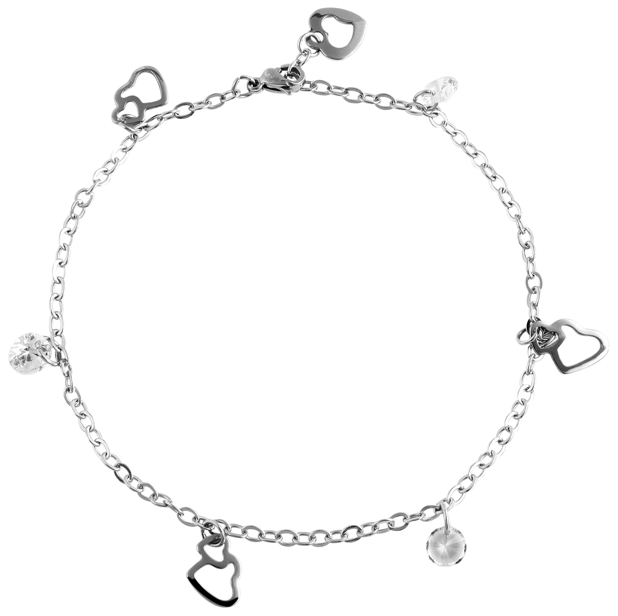 "Lia", Akzent Edelstahl Fußkette, Similibesatz, Herz, silberfarbig, 25 cm