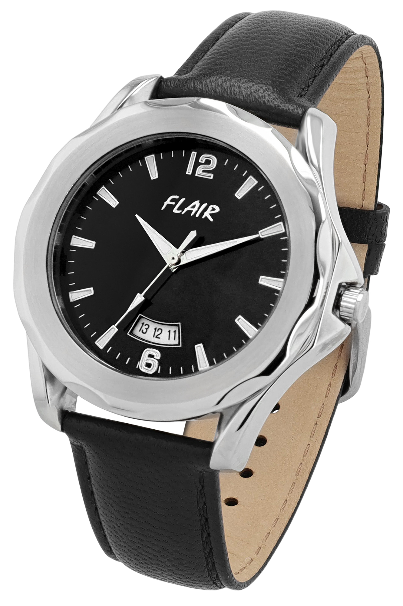 Flair Herrenuhr mit Echtlederband, schwarz/ silberfarben/ schwarz