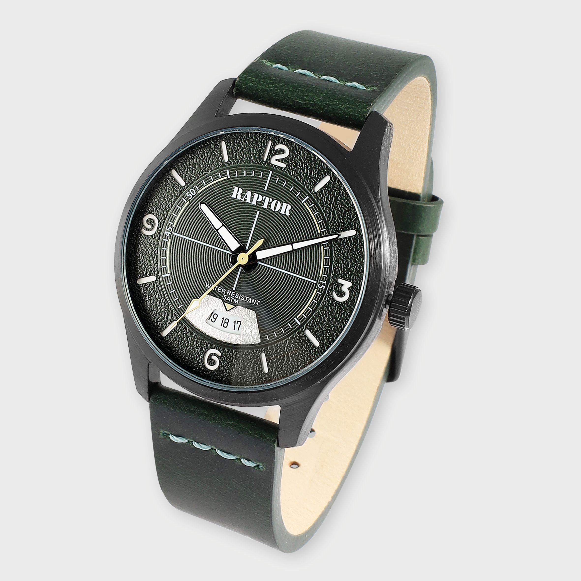 Raptor Herrenuhr "Falkor" mit Lederarmband, Datumsanzeige, 5 ATM, dunkelgrün