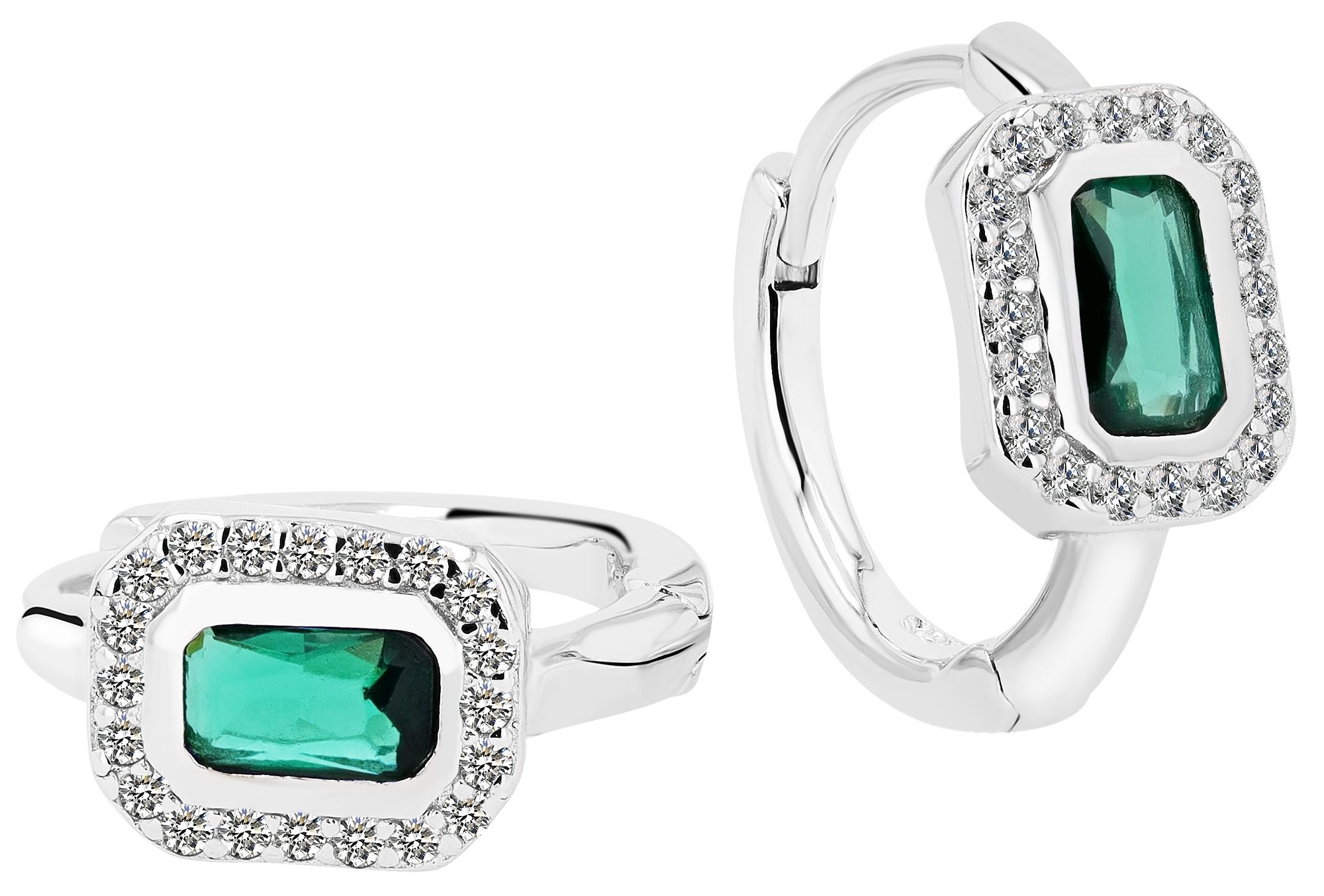 925/- Echt Silber Klapp-Creolen "Liora" mit grünen und weißen Zirkonia, rhodiniert