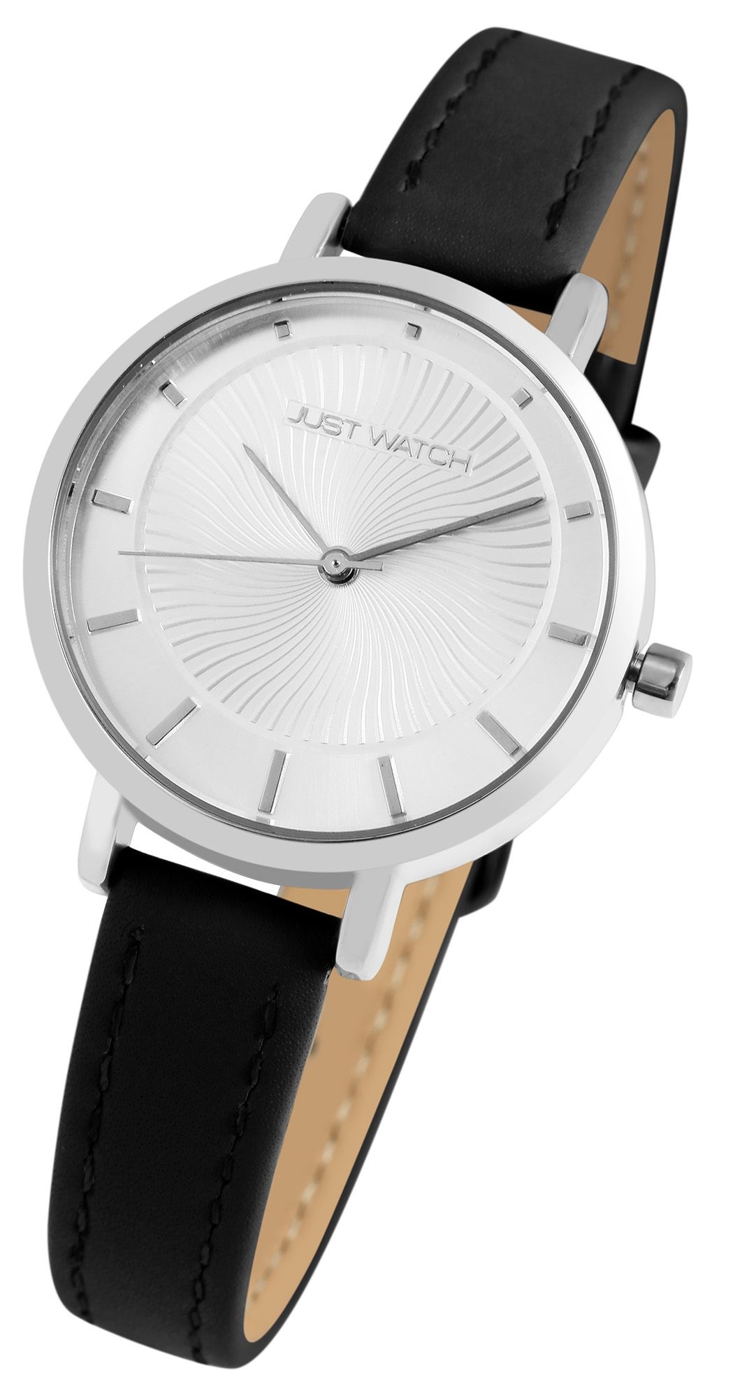 Just Watch Damenuhr mit Echtlederarmband, schwarz/silberfarben