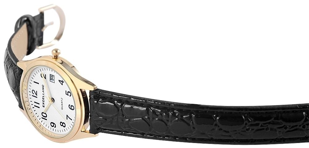 Excellanc Damenuhr mit Lederimitationsarmband, schwarz/goldfarben
