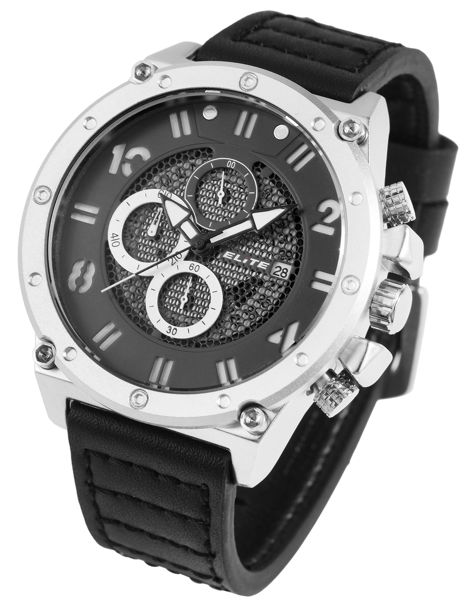 ELITE Herrenchronograph mit Echtlederarmband, schwarz/silberfarben