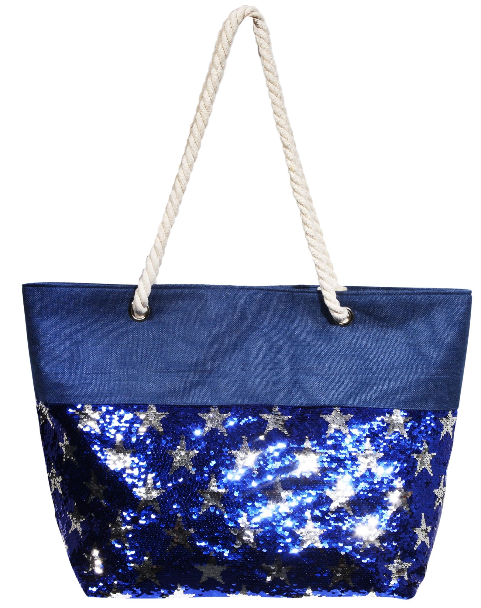 Strandtasche mit wendbaren Pailetten mit Sternmotiv in Blau