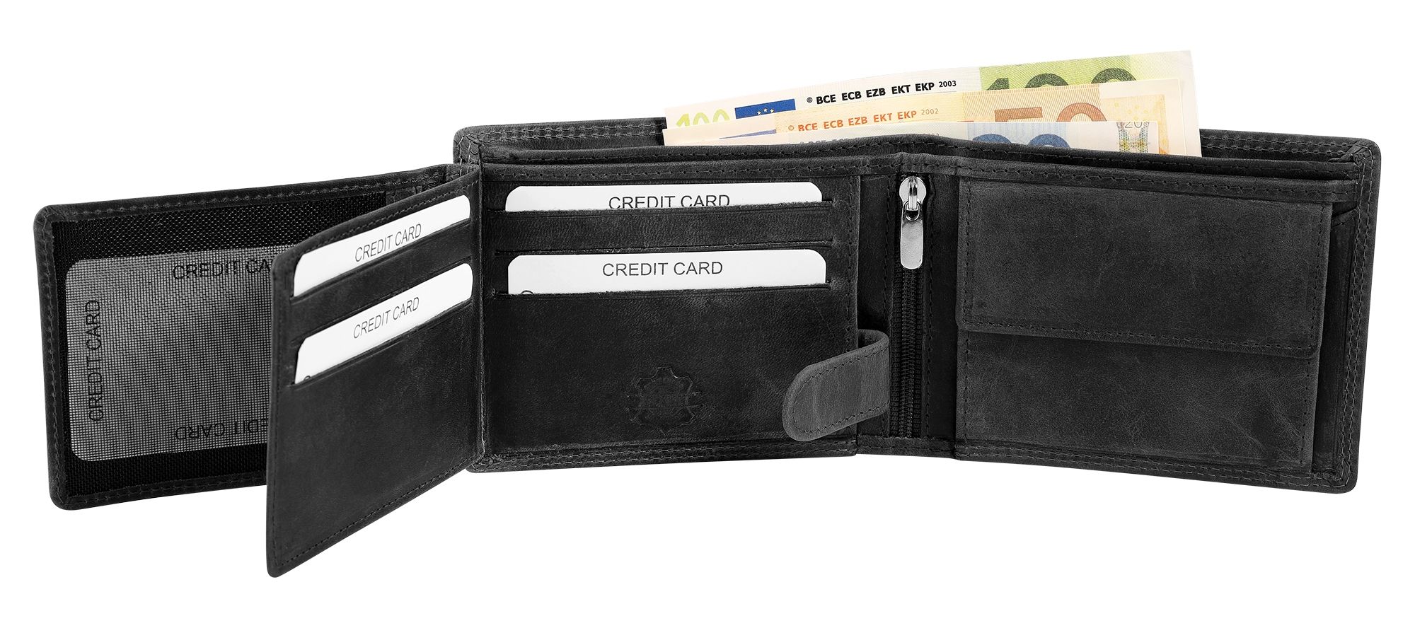 Akzent Echt Leder (Hunter-Leder) Geldbörse, RFID, Querformat, "Totenkopf", schwarz