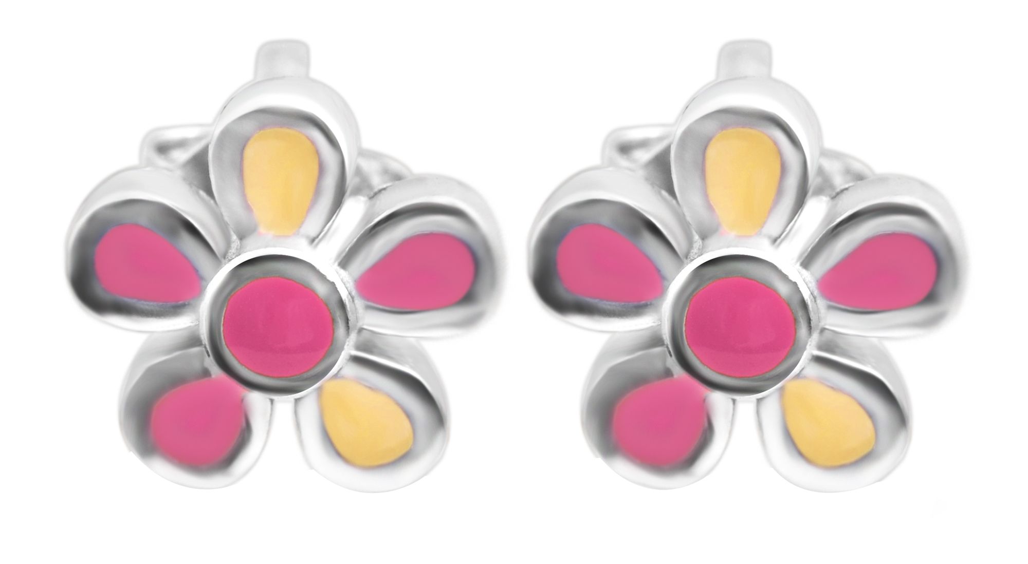 "Flora" 925/- Echt Silber Ohrstecker farbenfrohen Blumen rosa/ gelb, silberfarben rhodiniert