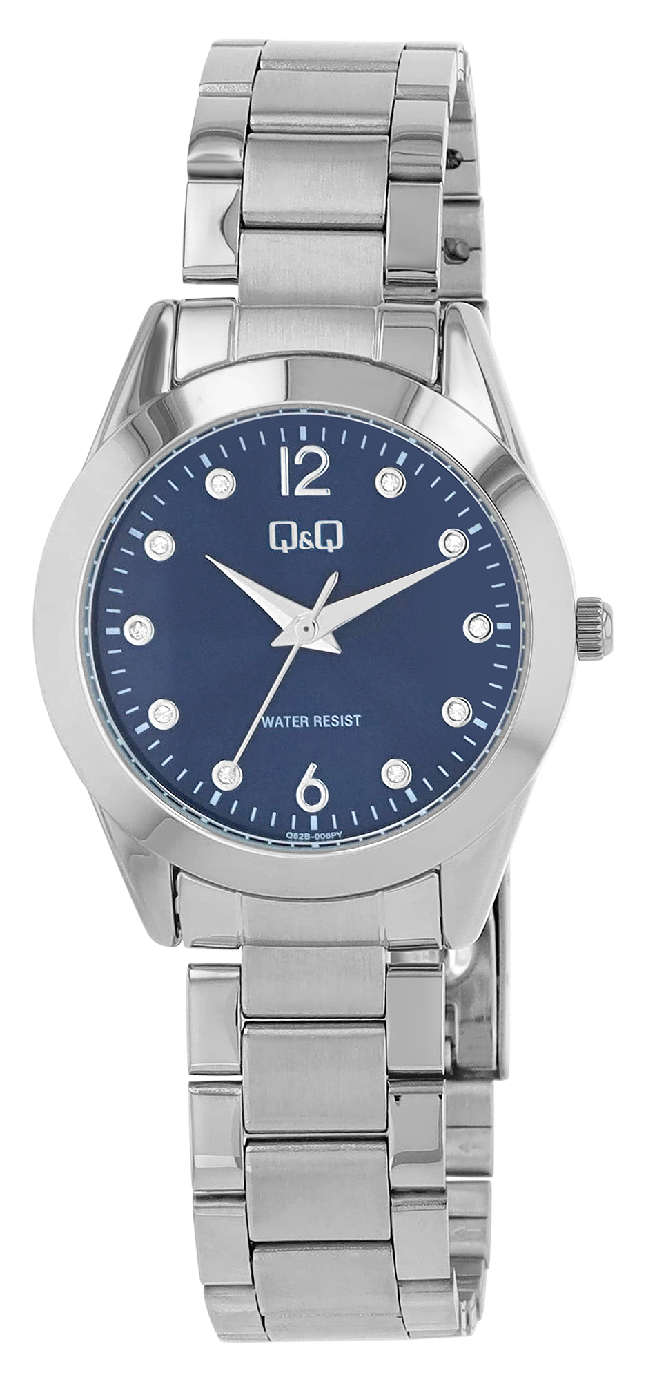 Q&Q Damenuhr mit Edelstahlband, Ø 34 mm, silberfarben/ blau