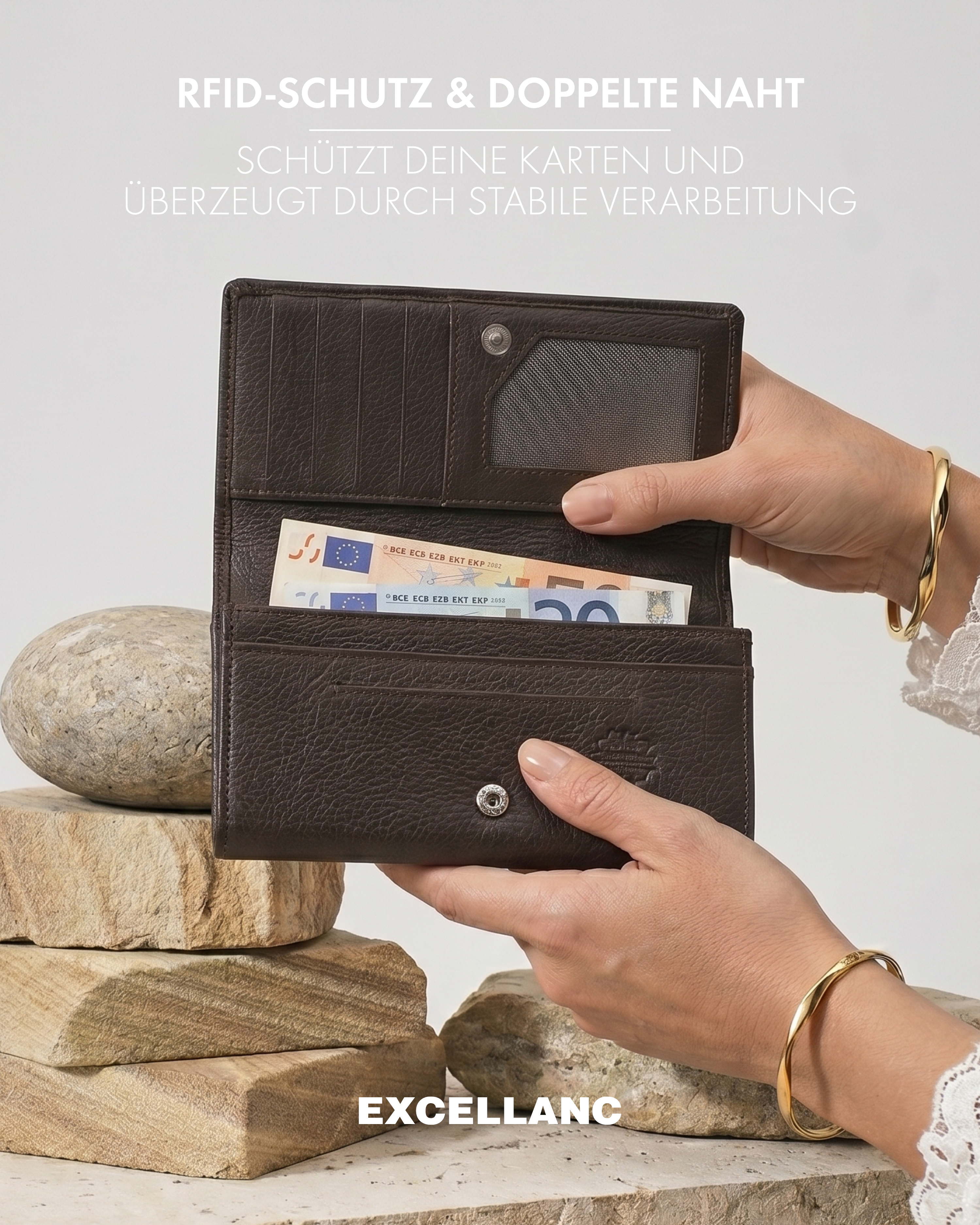 Excellanc Damen Geldbörse, Echtleder (Nappa), RFID, Querformat, braun