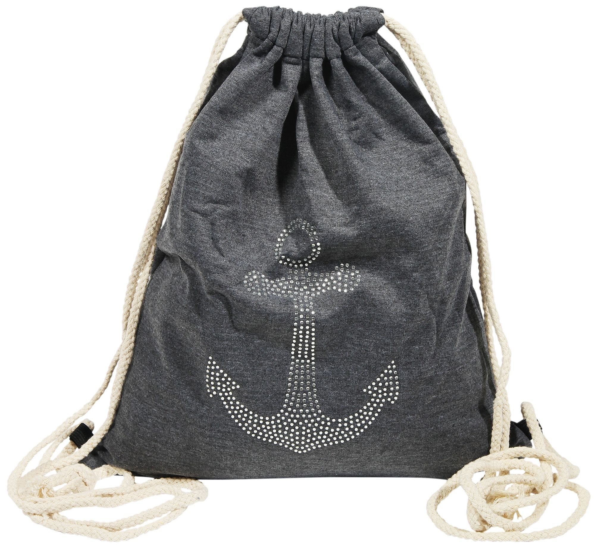 Turnbeutel aus Textil, Anker mit Strass, grau