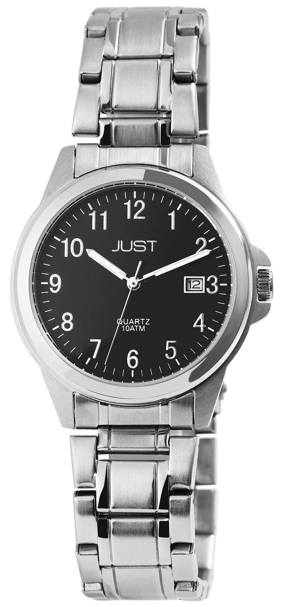 Just "Baroon" Herrenuhr mit Edelstahlband, 3-Zeiger, Datumsanzeige, silberfarben, schwarzes ZB
