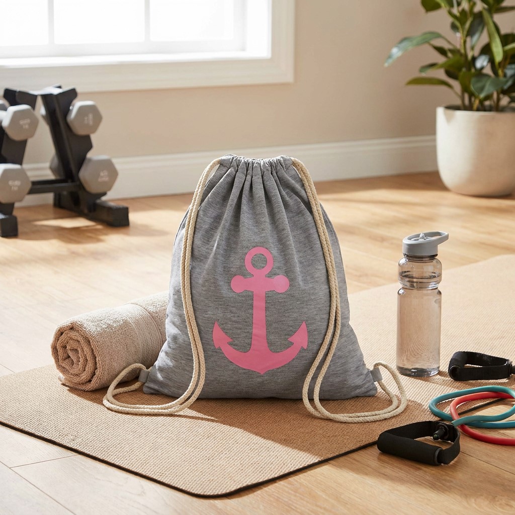 Turnbeutel aus Textil, Anker, grau/pink