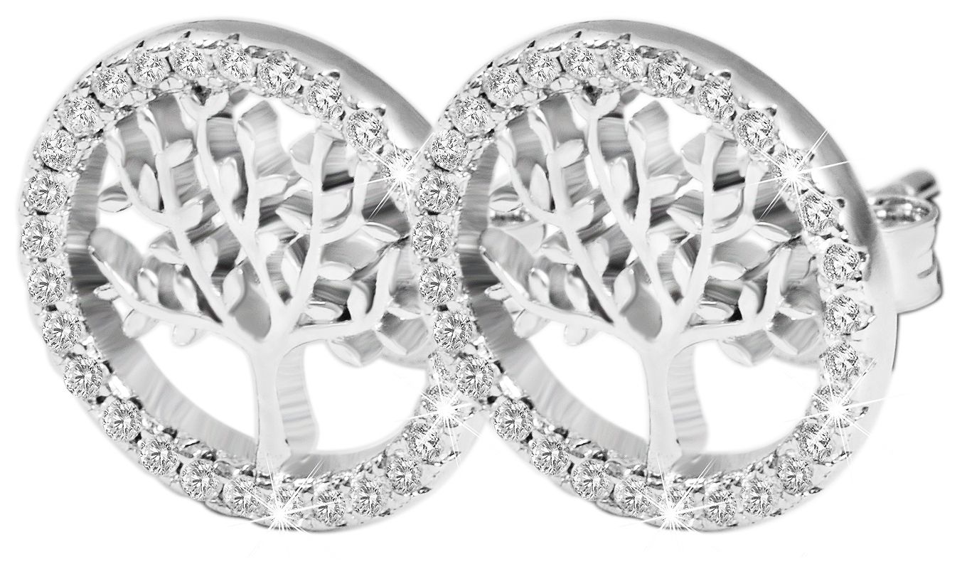 "Minel" 925/- Echt Silber Ohrstecker Lebensbaum mit Zirkoniabesatz, rhodiniert