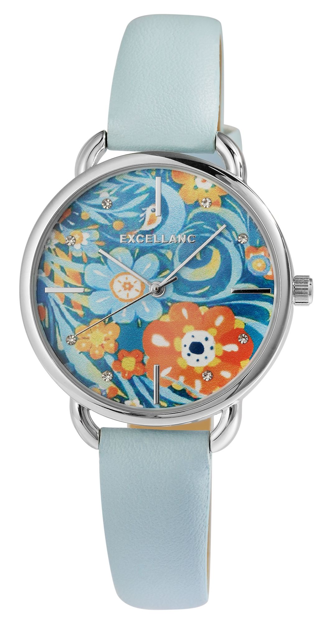 Excellanc Damenuhr mit Lederimitationsarmband, floral, hellblau