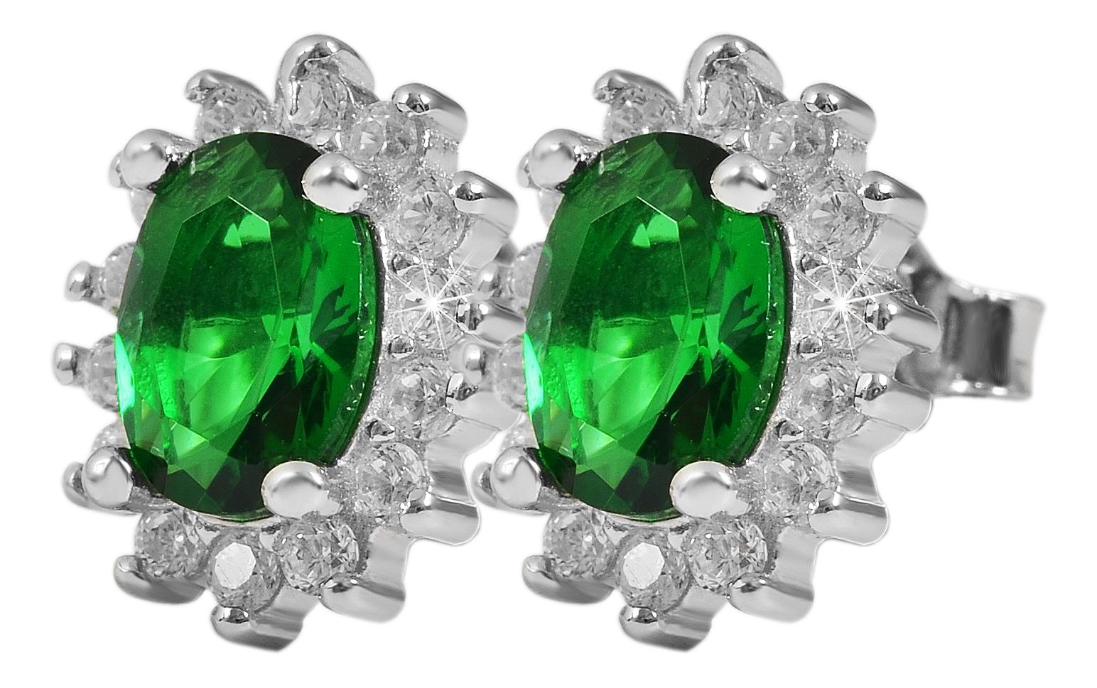 "Diana" 925/- Echt Silber Ohrstecker - Entourage-Stil, Zirkonia grün, rhodiniert
