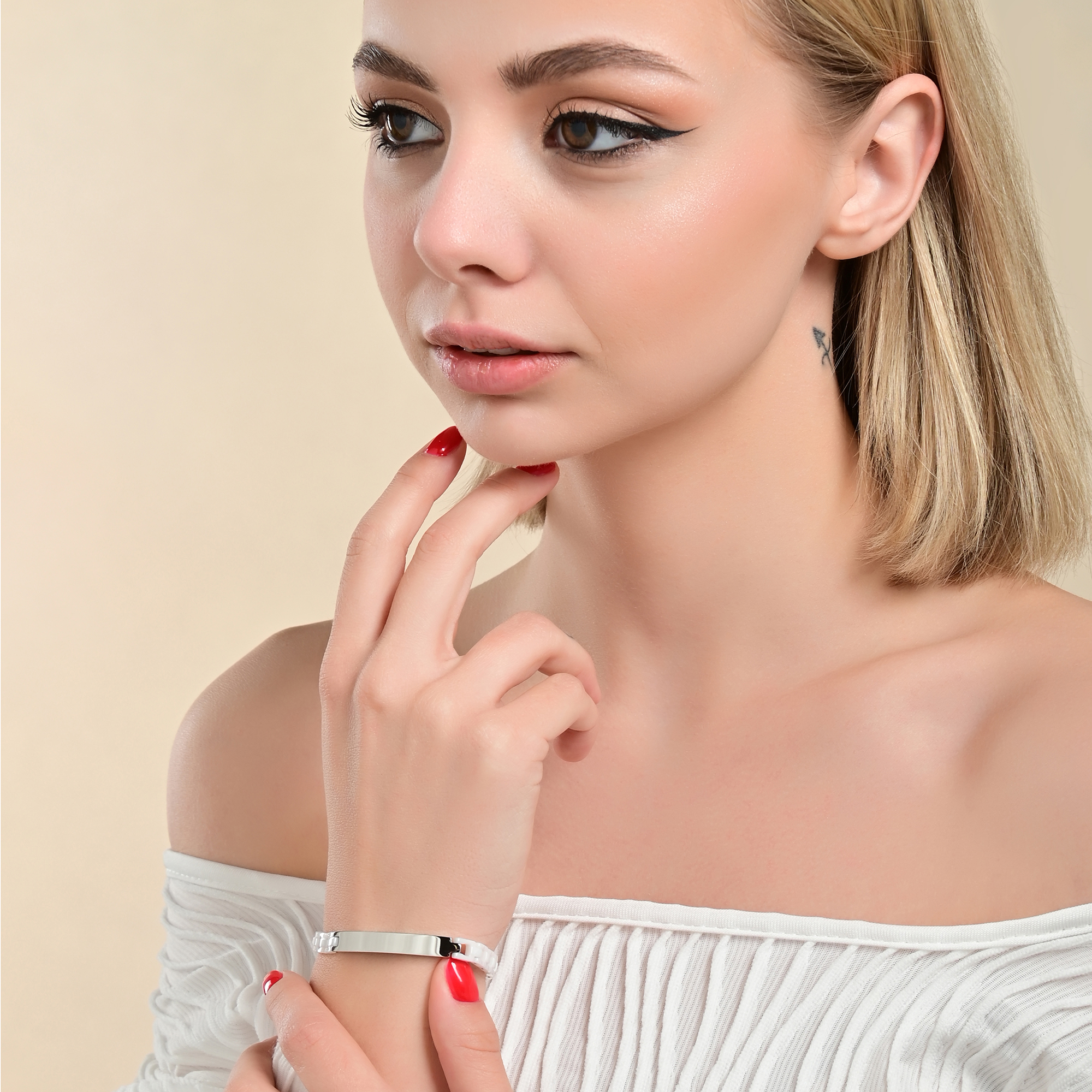 "Seoa" Edelstahl-Keramik ID-Armband, 18cm, Gravurplatte, weiß/ silberfarben
