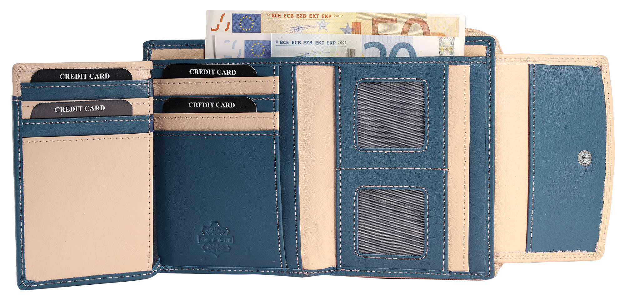 Leonardo Verrelli Echtleder (Nappa) Damen Geldbörse, RFID, Querformat, blau/ beige