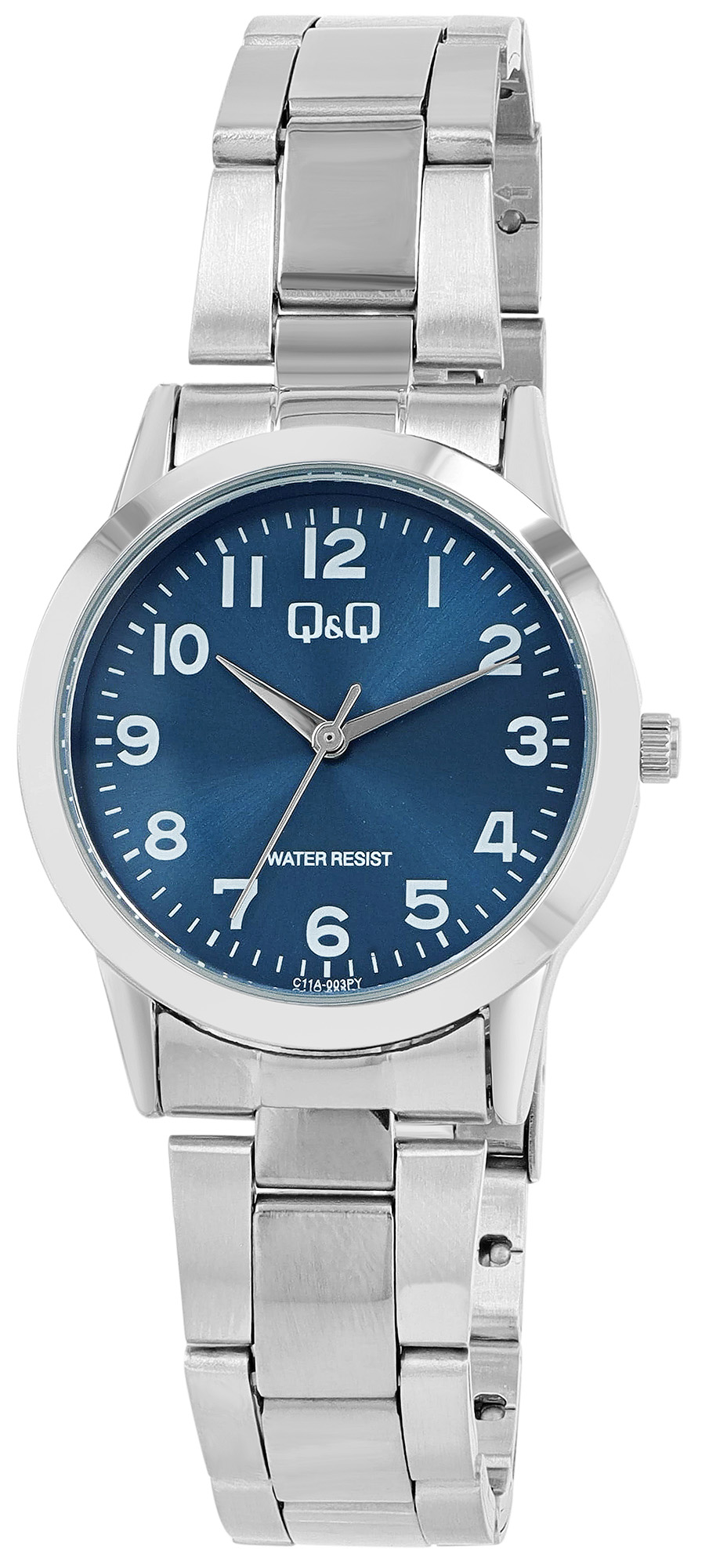 Q&Q Damenuhr Ø 30 mm, Edelstahlband, silberfarben/ blau