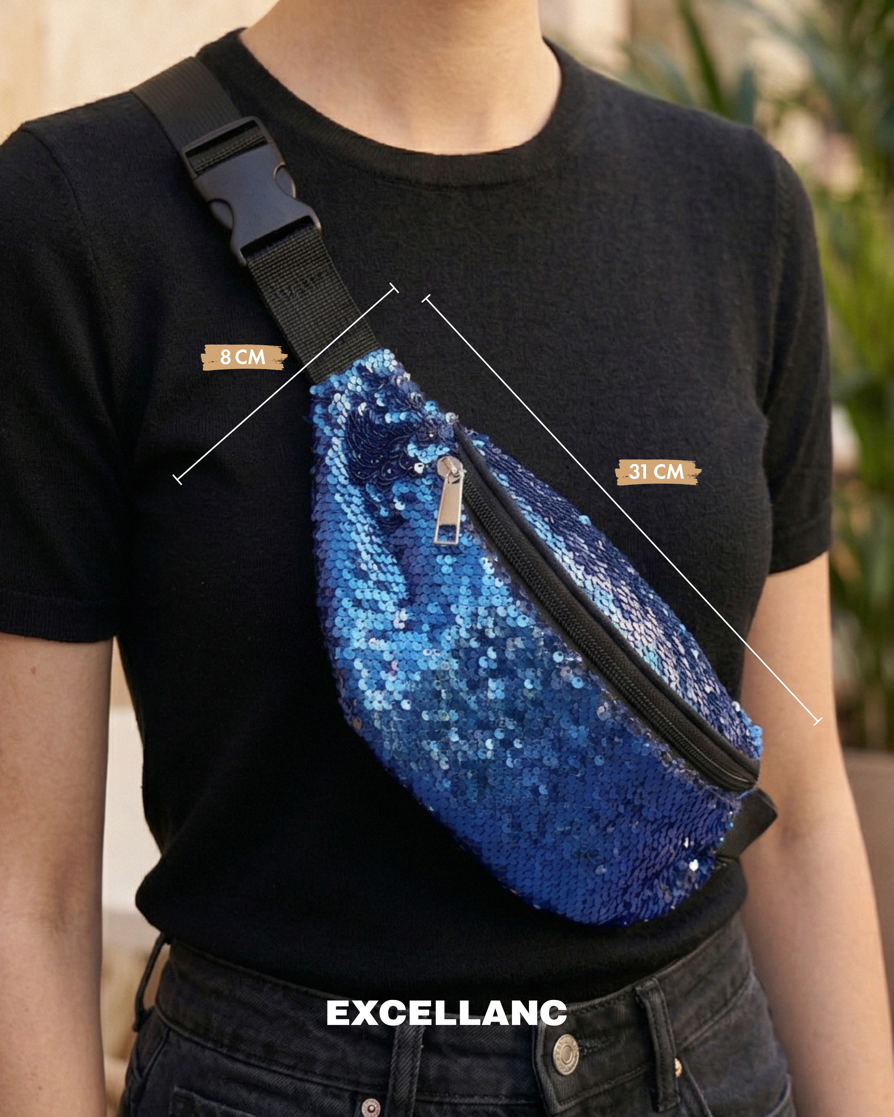 Gürteltasche mit blauen Pailetten