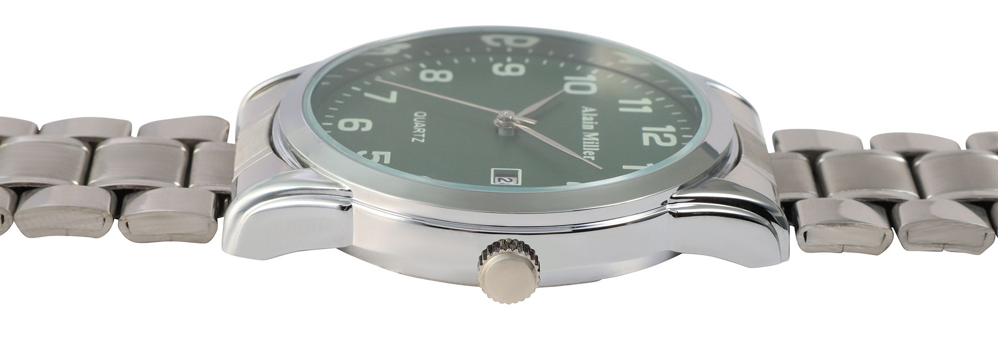Alain Miller Herrenuhr Ø 40 mm, Gliederarmband, Edelstahl, silberfarben/ grün