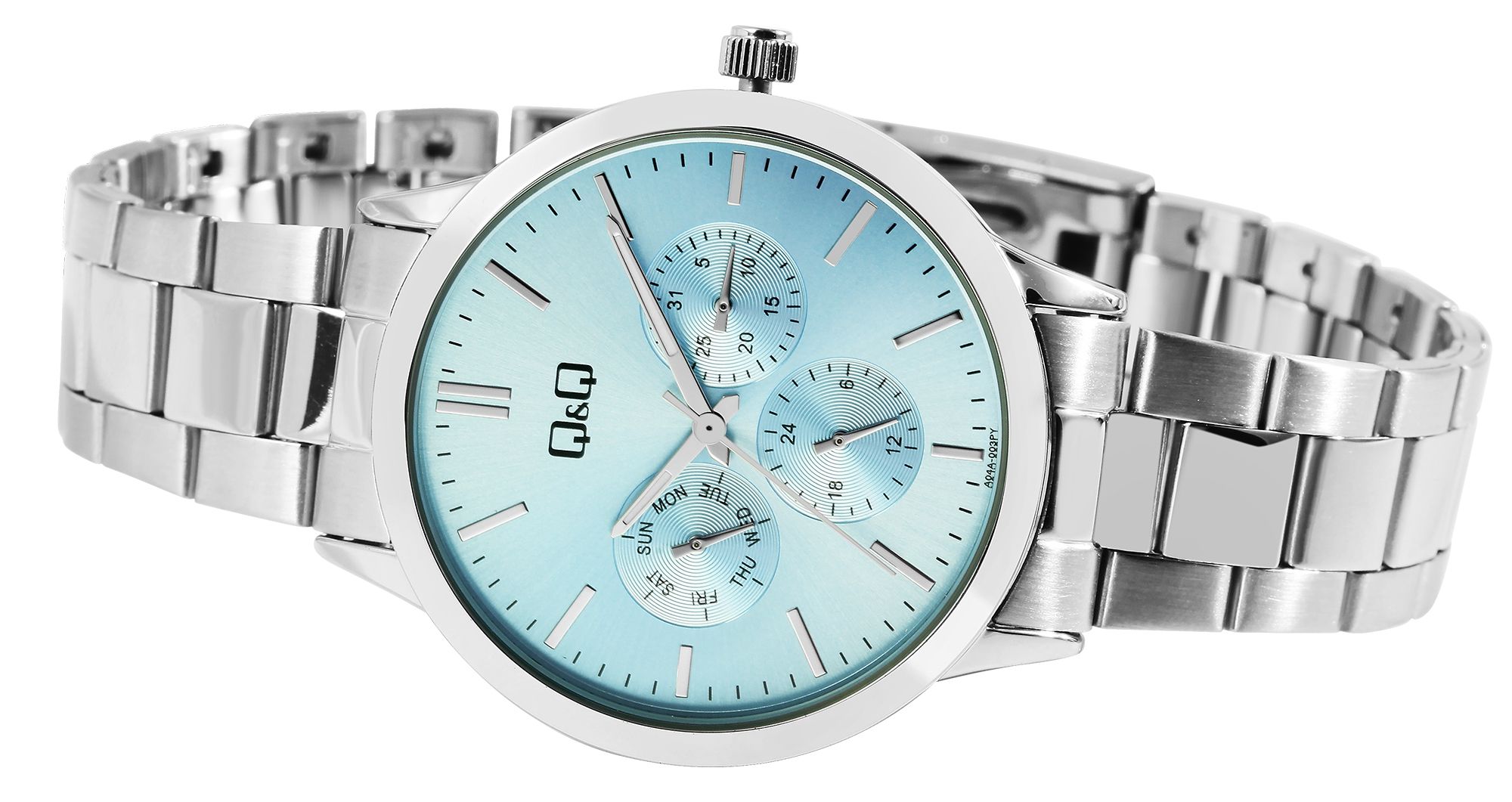 Q&Q Unisexuhr, Metall, Edelstahlarmband, silberfarben/hellblau, 5 ATM, Ø 39 mm