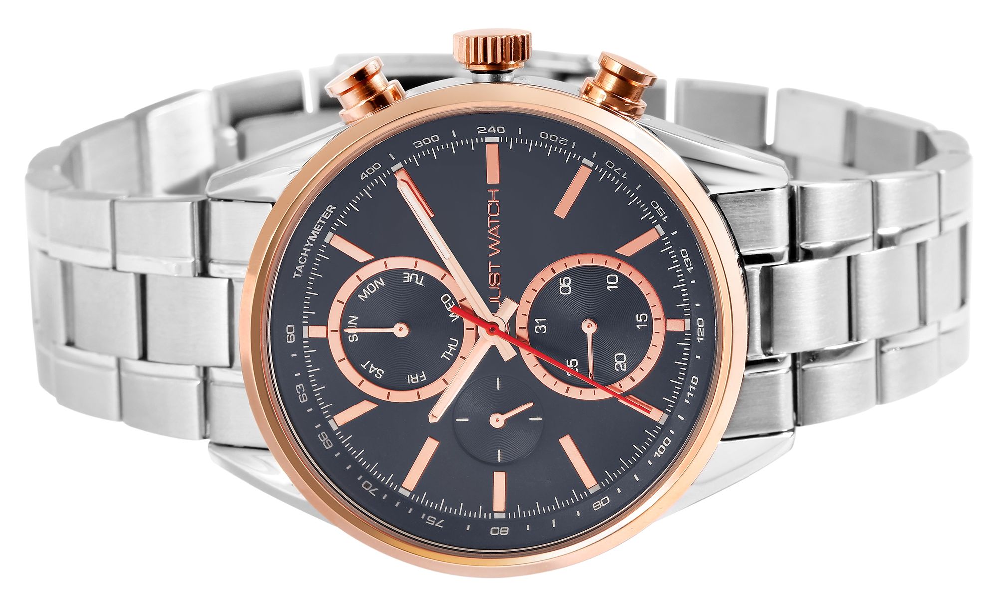 Just Watch Herrenuhr "Valcone" Edelstahlarmband, Datum- und Wochentagsanzeige, silber-& roségoldfarben, blau