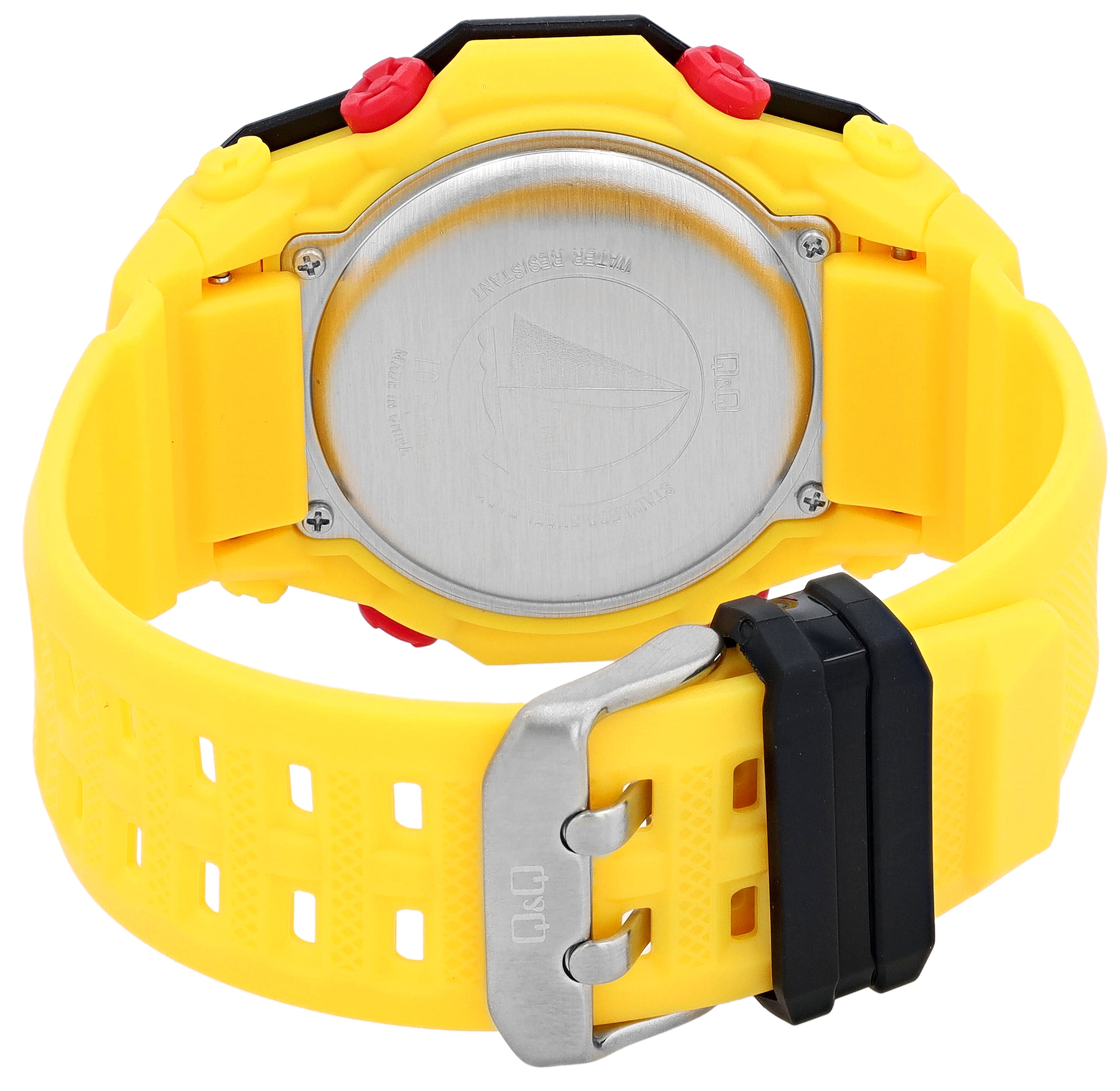 Q&Q Digitaluhr für Herren Ø 50 mm, Resinband, gelb (rote Details)