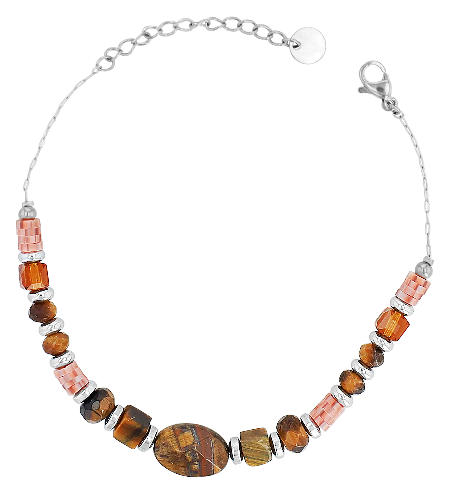 "Lowy" Akzent Edelstahlarmband mit Naturstein (Tigerauge), 16,5 + 3 cm