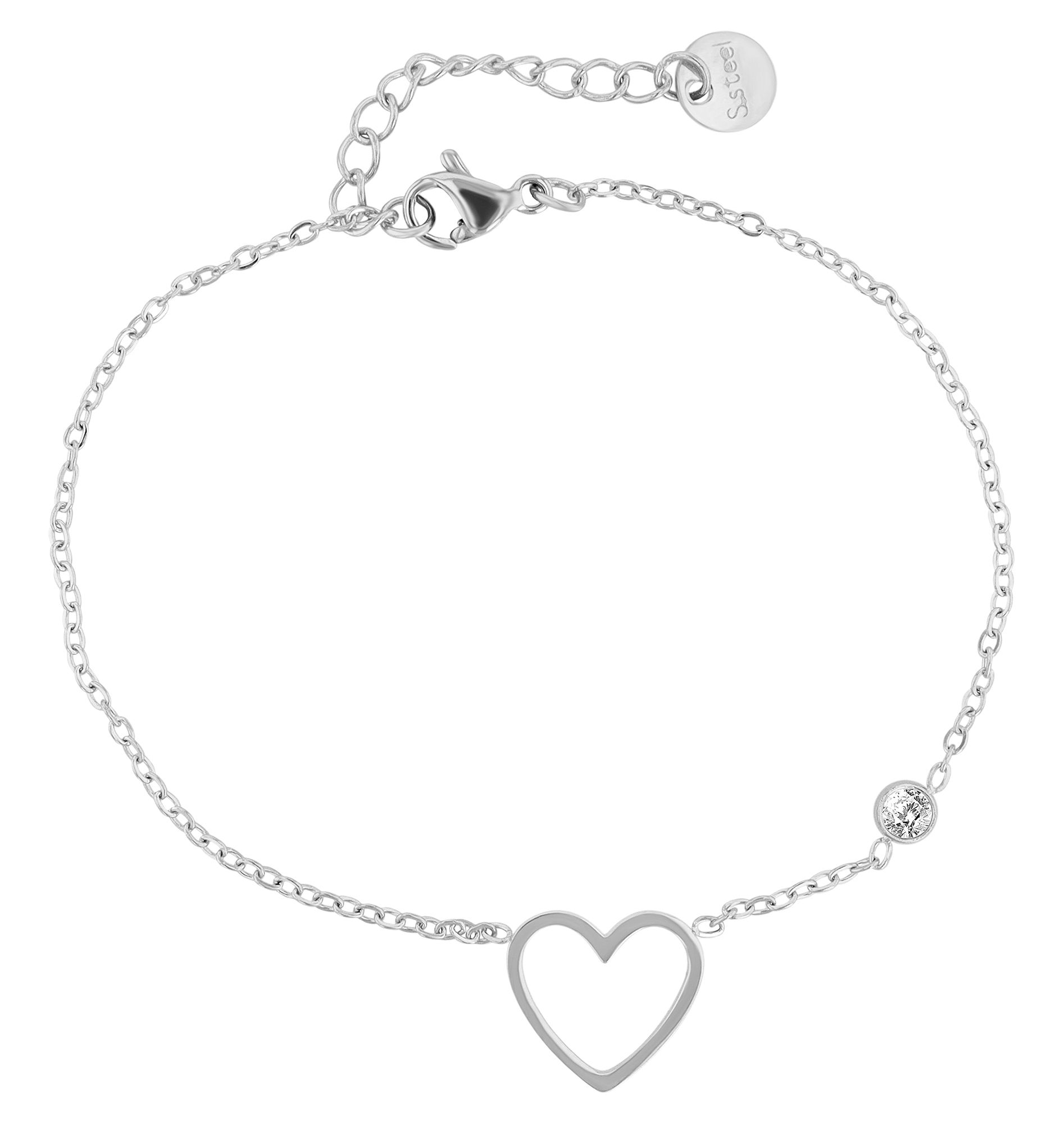 "Anjul" Akzent Armband, Herzanhänger und Zirkonia, Edelstahl, 17 + 3 cm, silberfarben