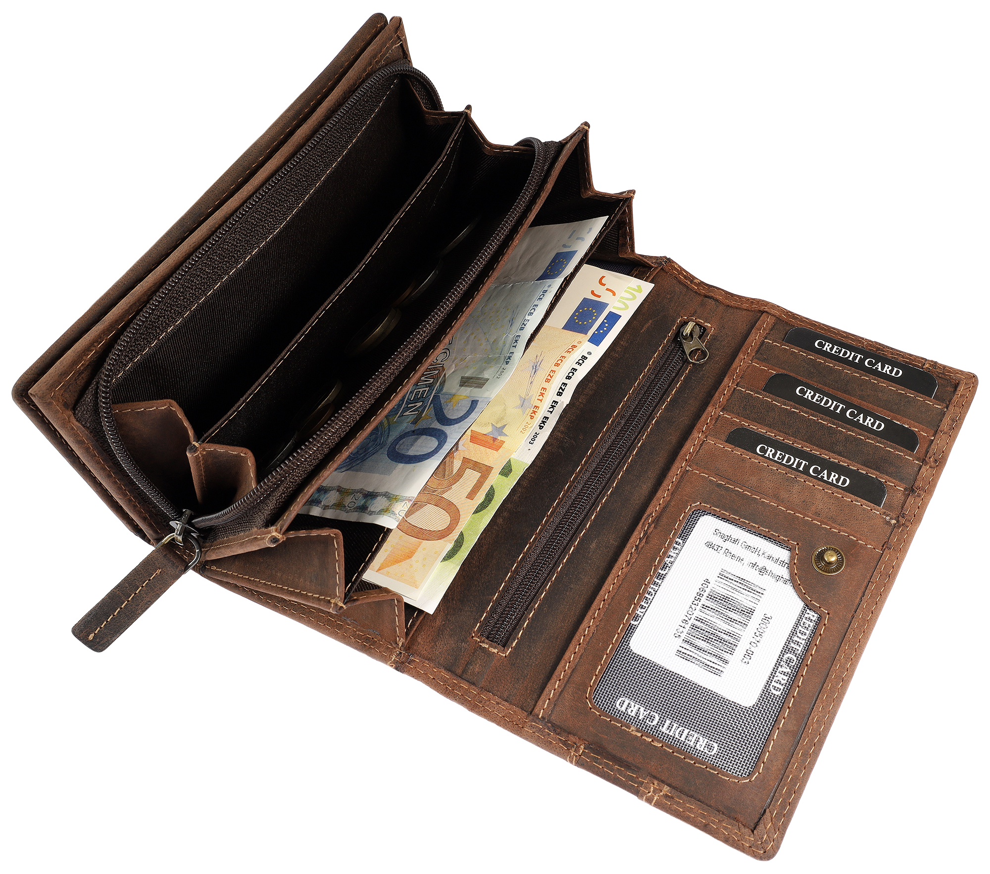 Leonardo Verrelli, Echtleder (Vintage) Damen Geldbörse, länglich & RFID, dunkelbraun