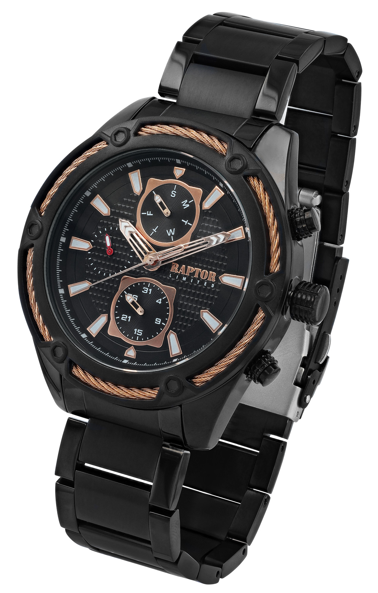 Raptor Limited Herrenuhr "Maher" mit Edelstahlarmband und Multifunktionsanzeige, schwarz/kupferfarben