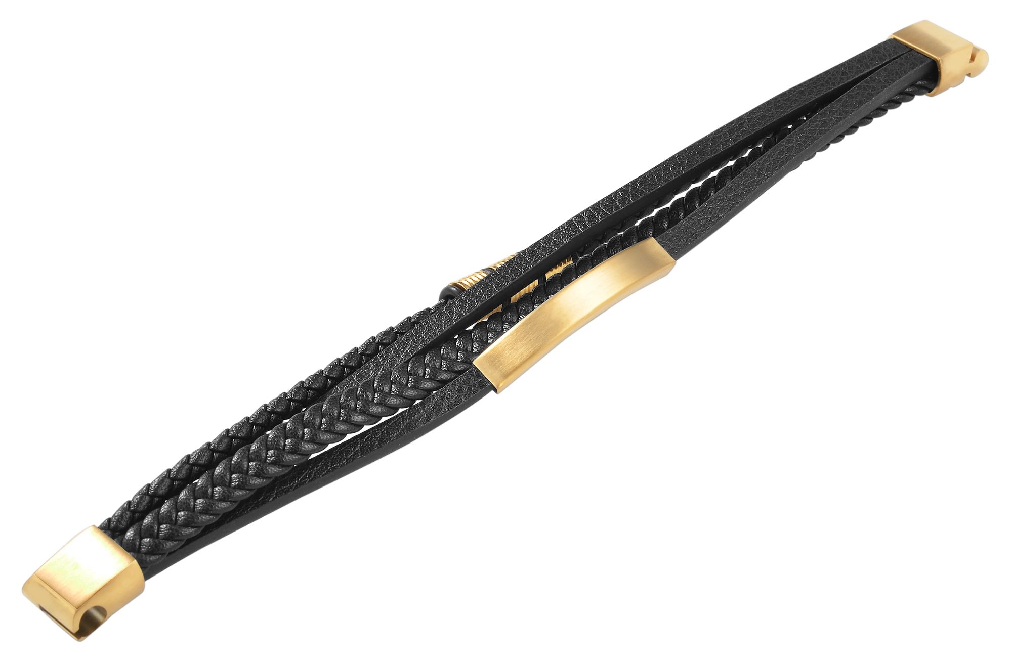 Akzent Armband aus Lederimitation mit Edelstahlelementen, Ionenplattiert, schwarz/goldfarben, 19 cm