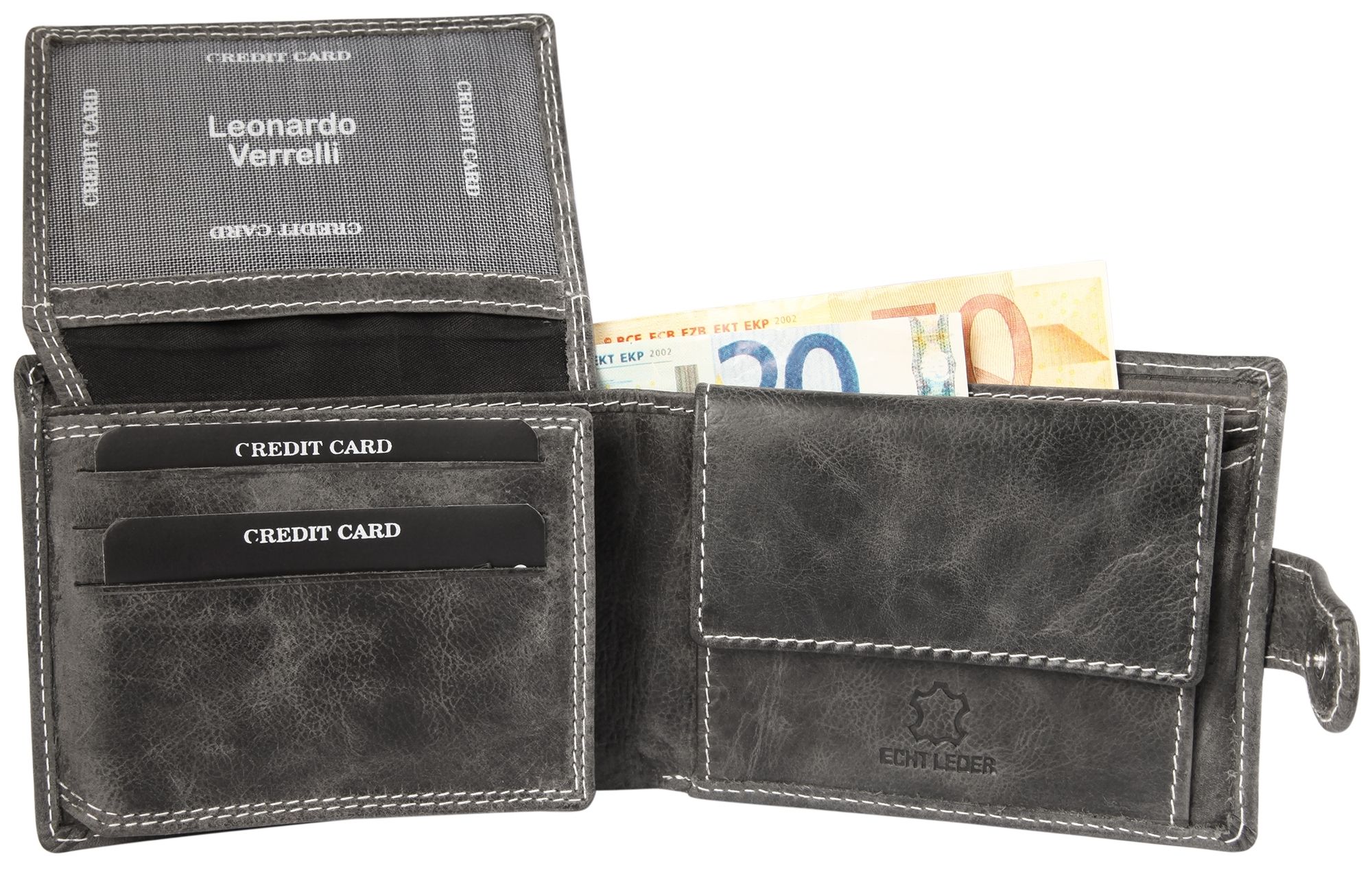 Leonardo Verrelli, Echtleder (Distressed Hunter) Damen Geldbörse, RFID, Querformat, schwarz
