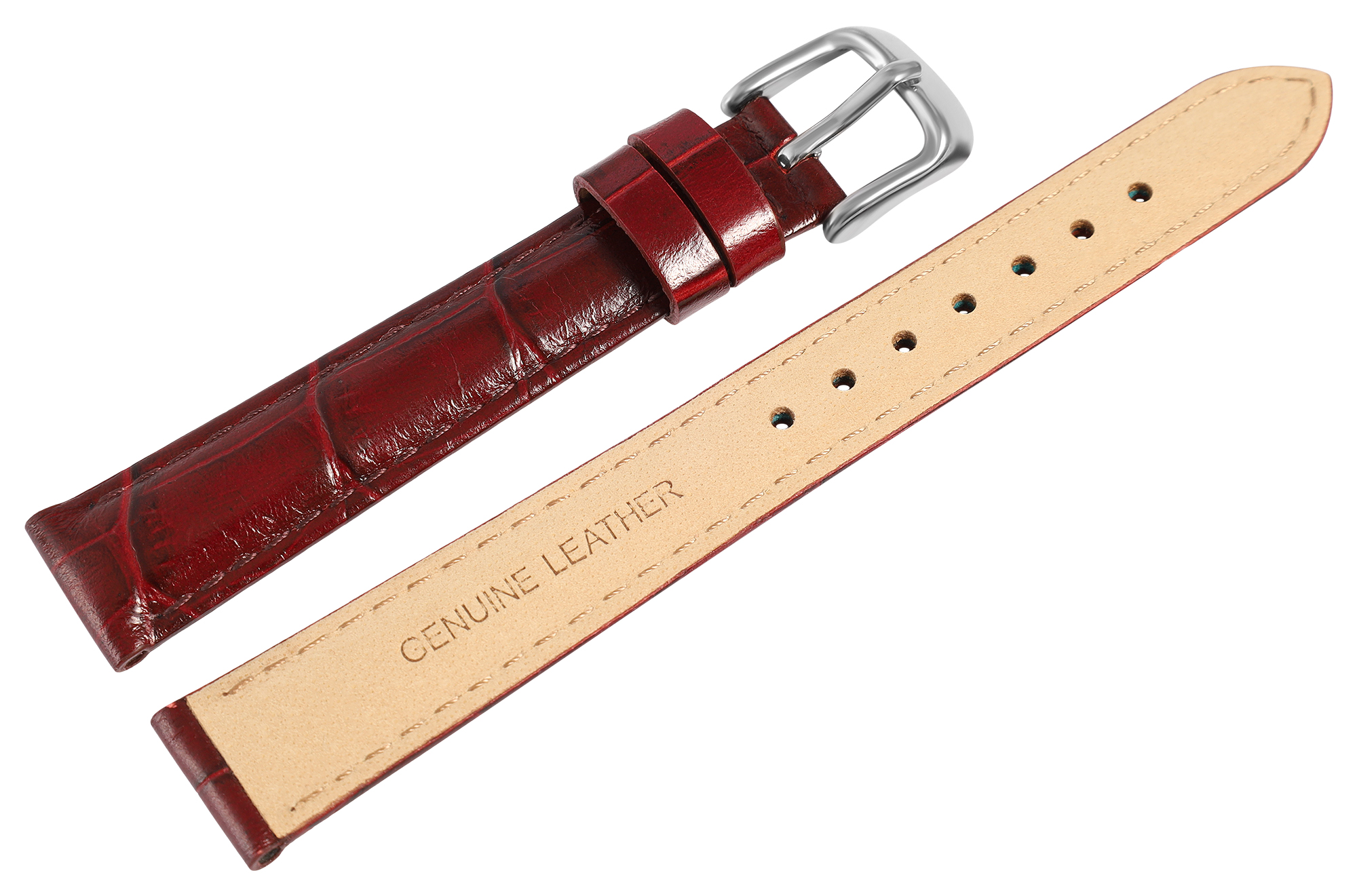 Uhrenarmband aus Echt Leder, Kroko-Optik, bordeauxrot, 14 mm