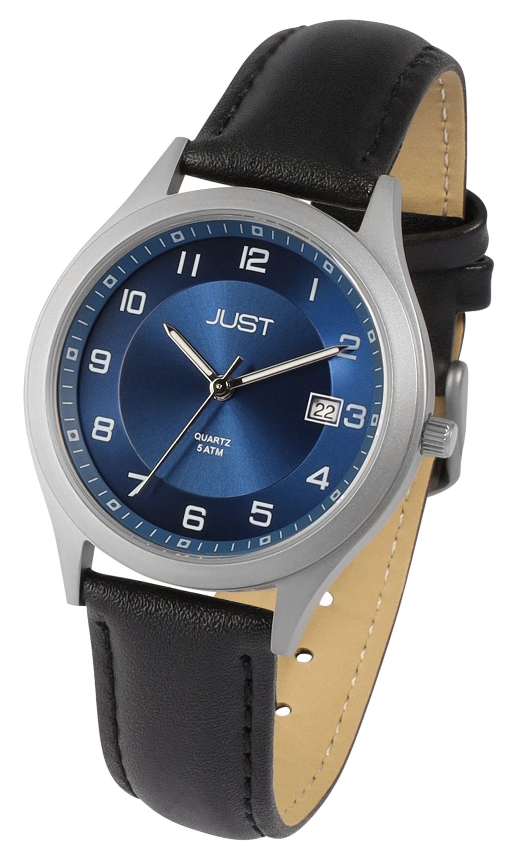 Just "Leon" Herrenuhr mit Echt Lederband, Titangehäuse, 5ATM, Schwarz/ Blau