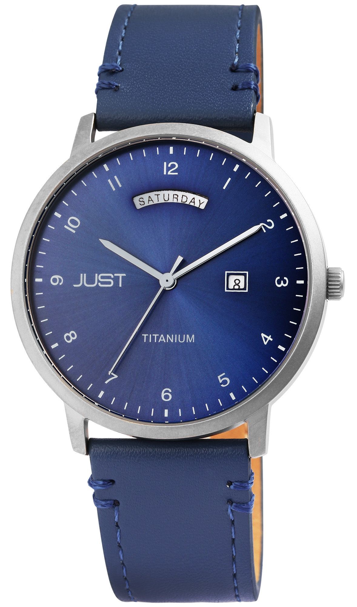 Just Titan Herrenuhr mit Echtlederarmband, 5 ATM, blau