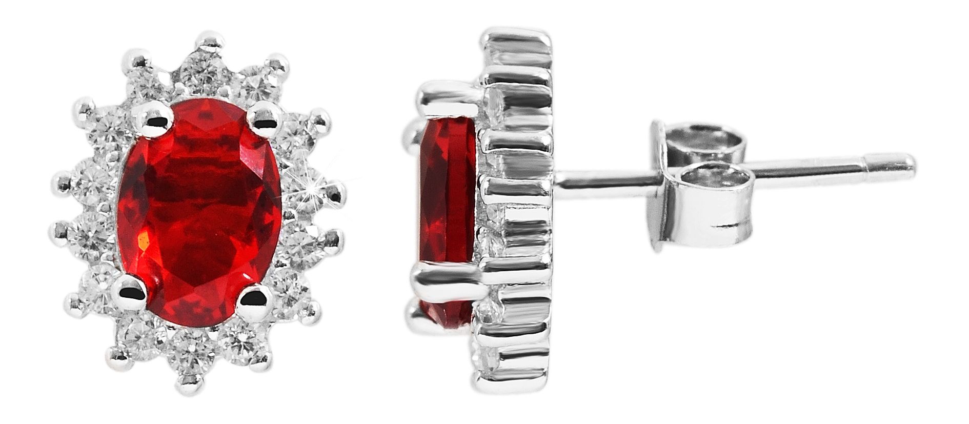 "Diana" 925/- Echt Silber Ohrstecker - Entourage-Stil, Zirkonia rot, rhodiniert