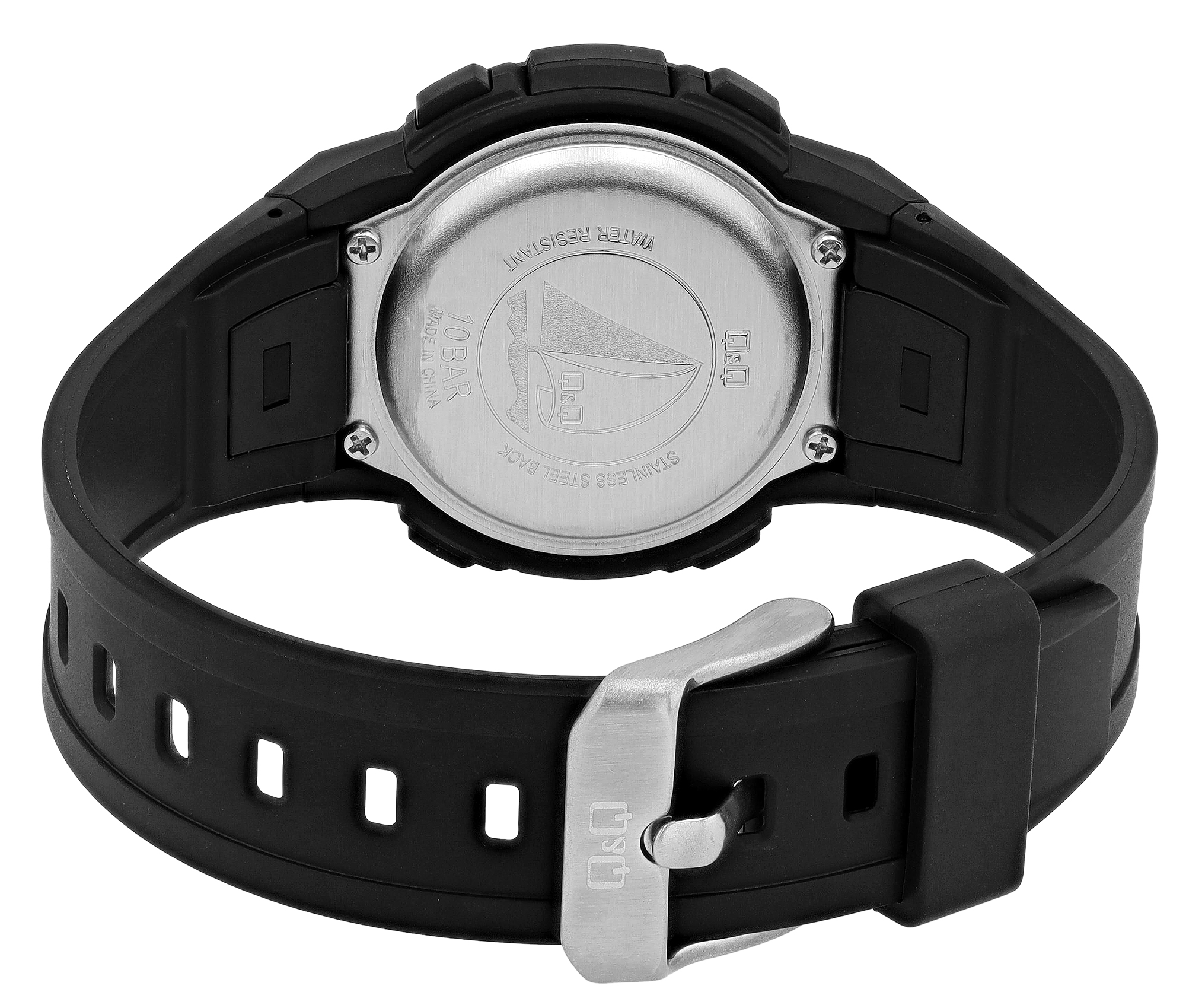 Q&Q Digitale Herren- & Jugenduhr, Resinband Ø 36 mm, 10 ATM, schwarz