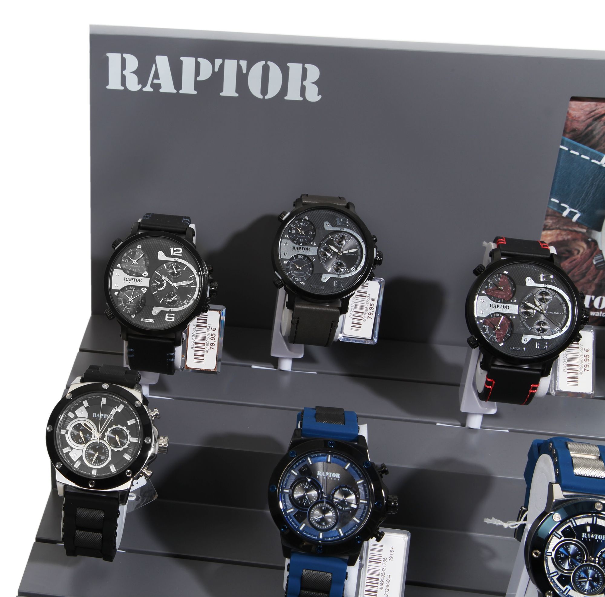 Raptor Uhrendisplay, grau mit Uhrenaufsteller, 44 cm x 44 cm x 30 cm