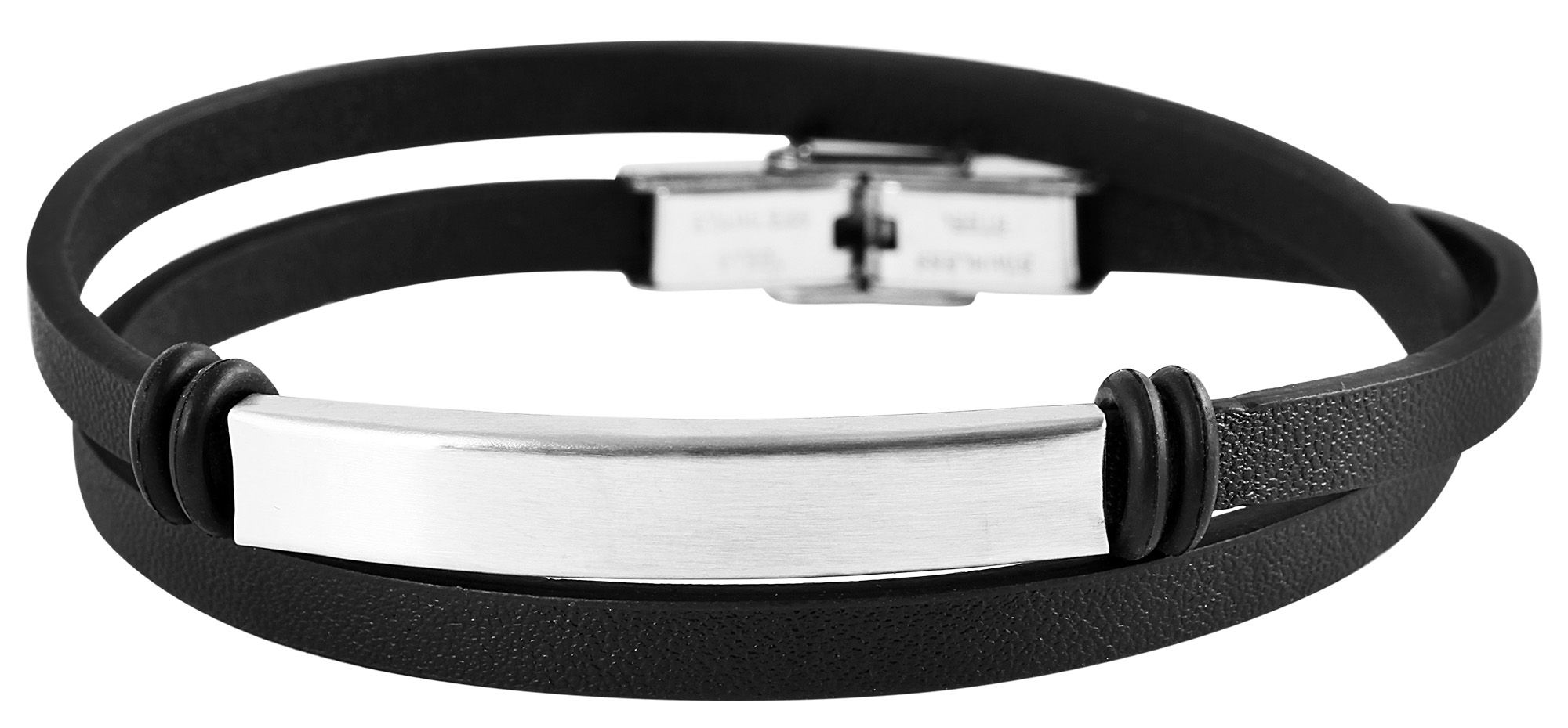 Akzent Wickelarmband aus Echtleder mit Edelstahlgravurplatte, schwarz/silberfarben