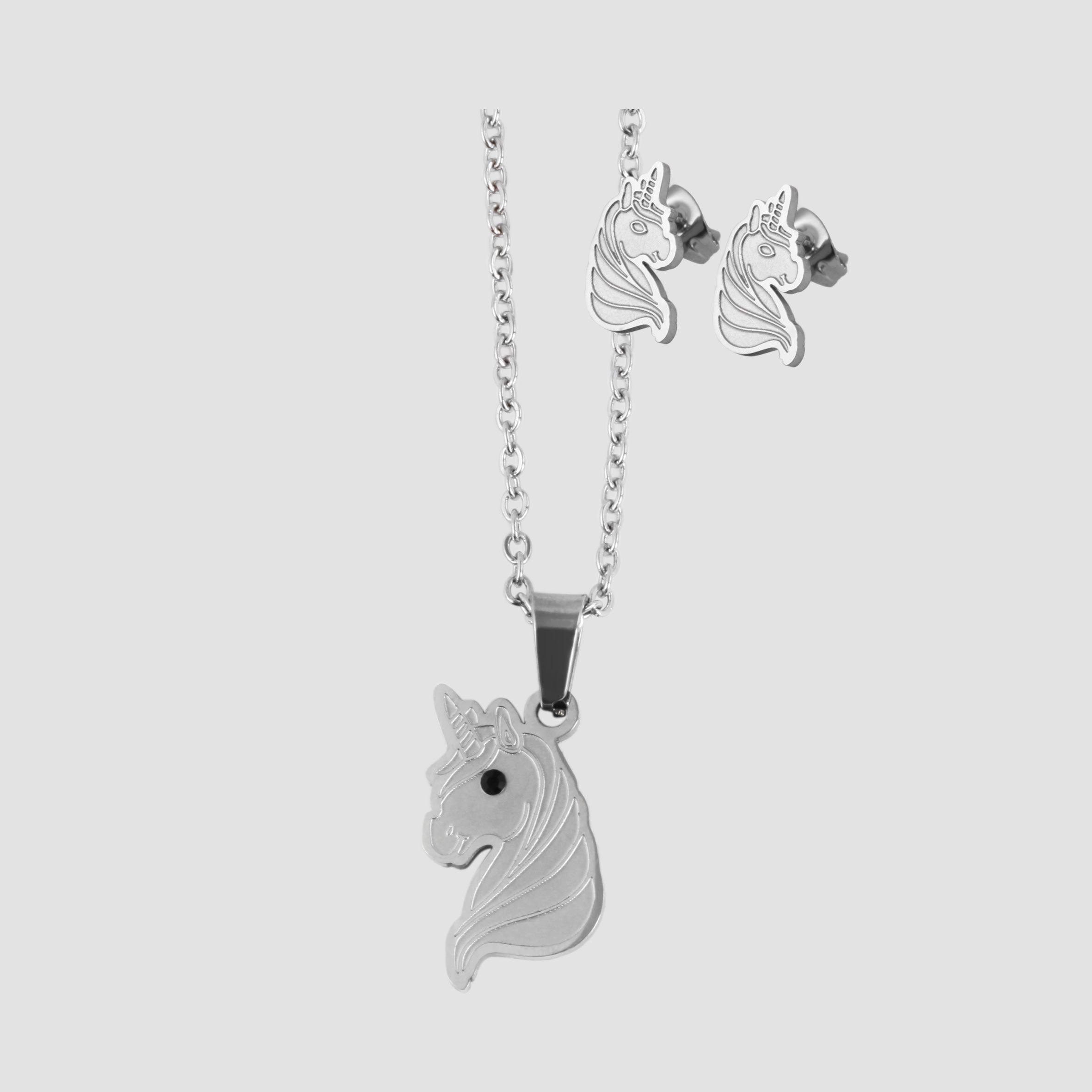 "Daffy" Edelstahl Schmuckset - Kette und Ohrstecker, Einhorn, silberfarben