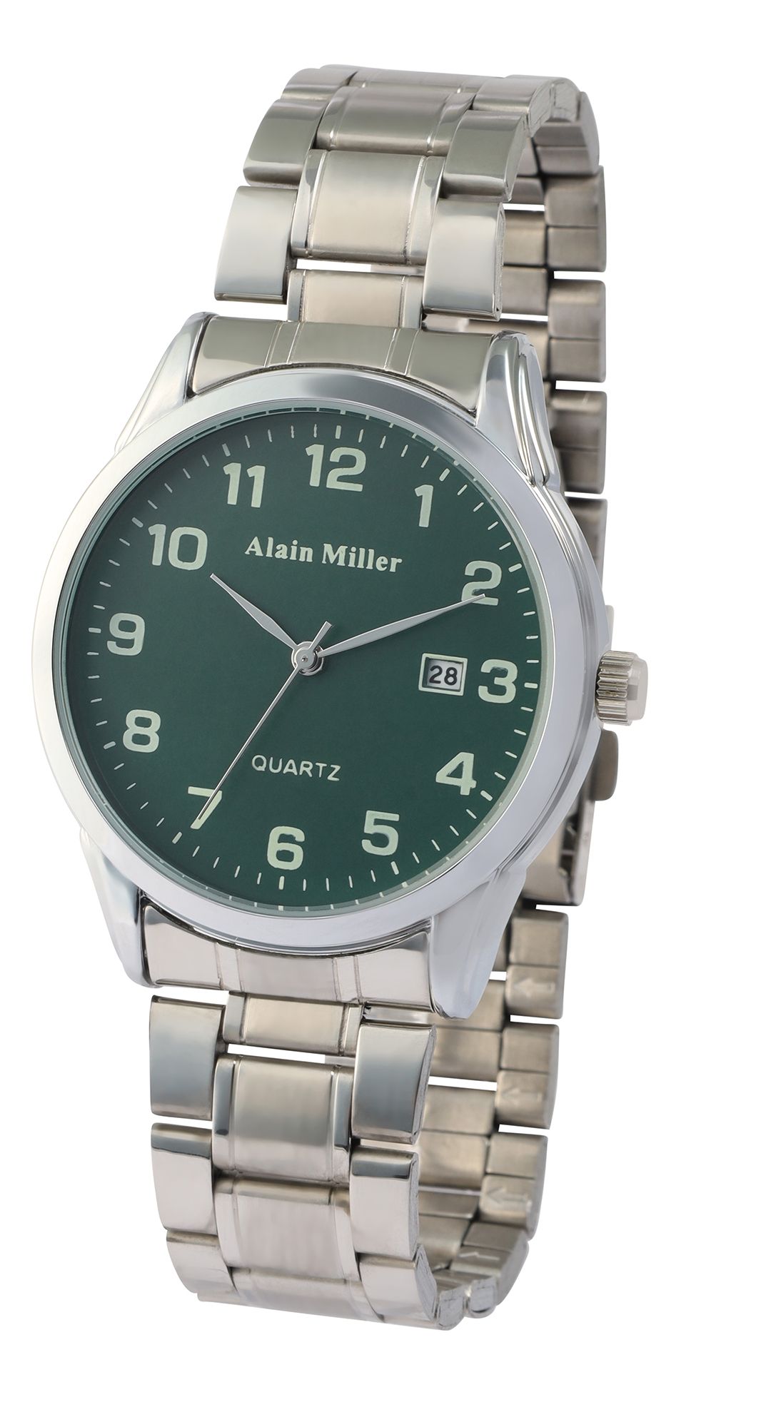 Alain Miller Herrenuhr Ø 40 mm, Gliederarmband, Edelstahl, silberfarben/ grün