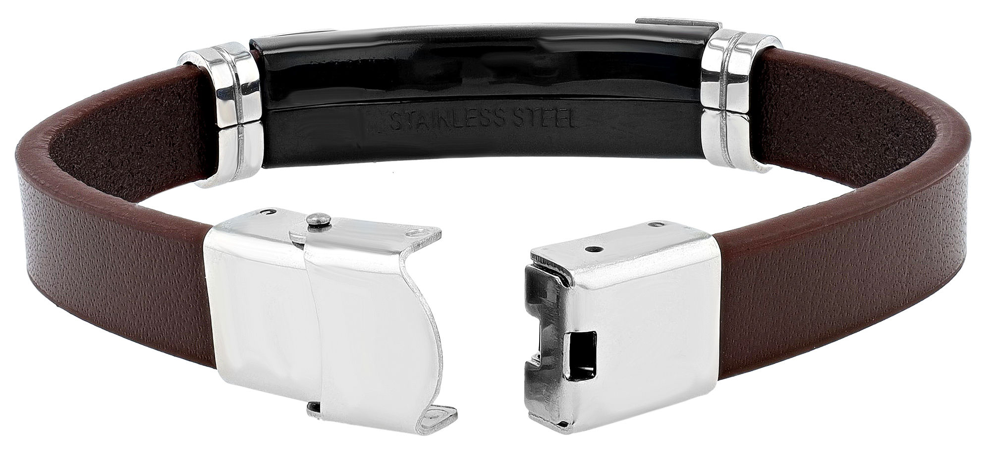 "Saleh", Echlederarmband mit Edesltahlplatte, 22 cm, braun/silberfarben