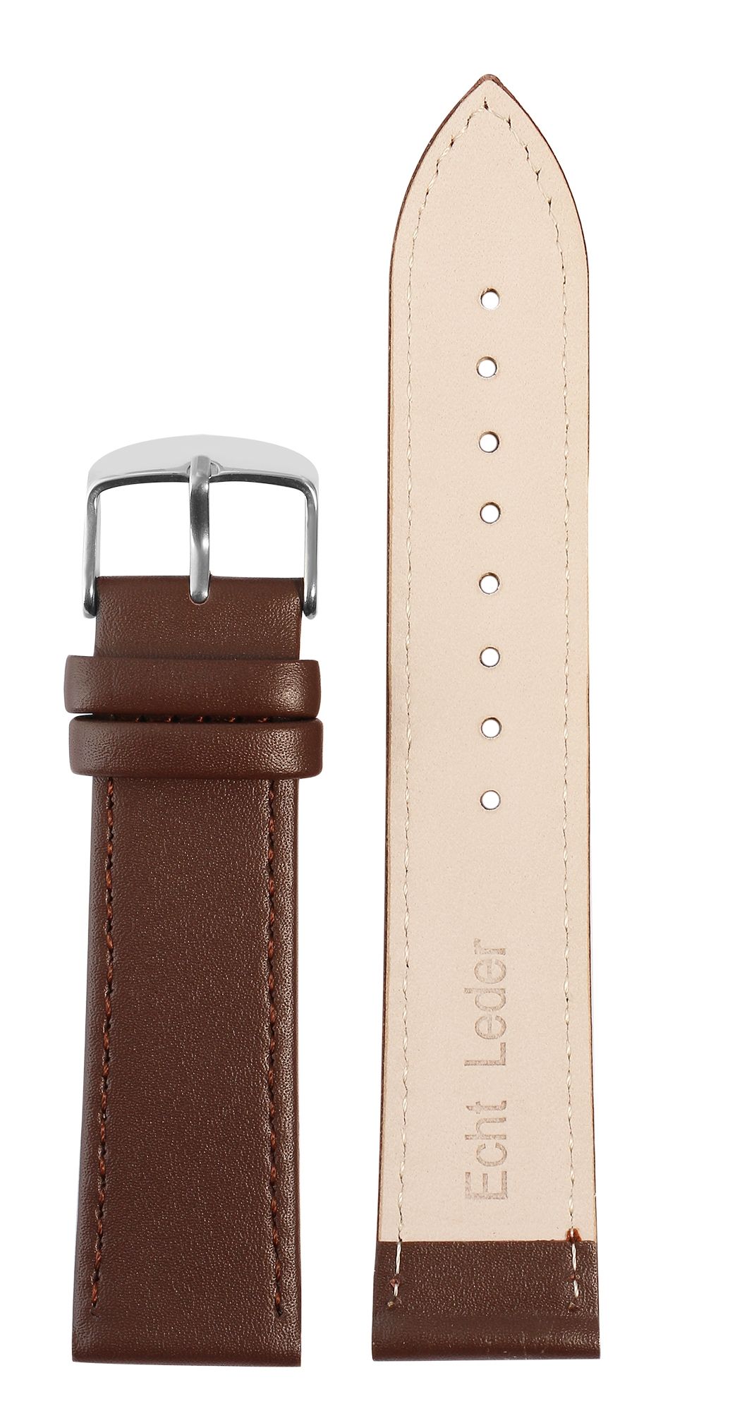 Uhrenarmband aus Echtleder, genäht, dunkelbraun, 22 mm