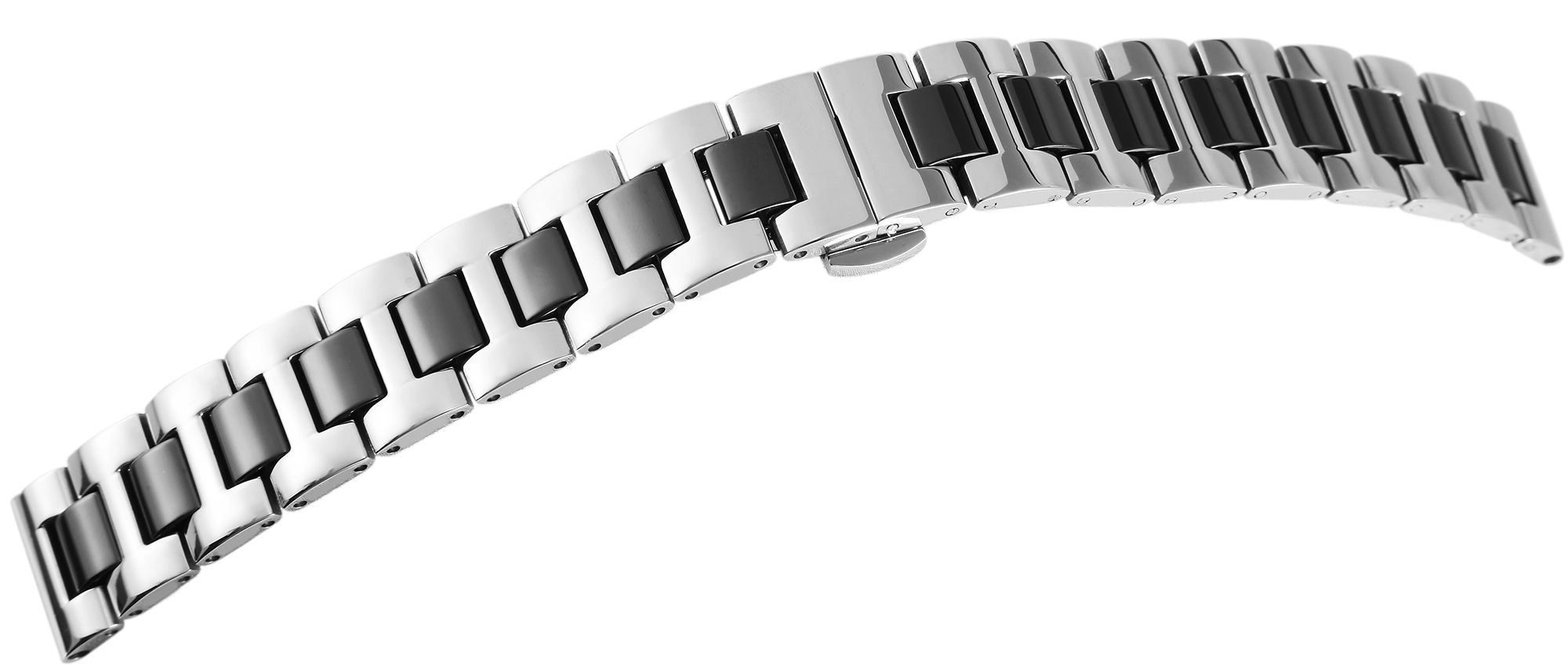 Edelstahl-Uhrenarmband, silberfarben/schwarz, Butterfly-Faltschließe, 14 mm