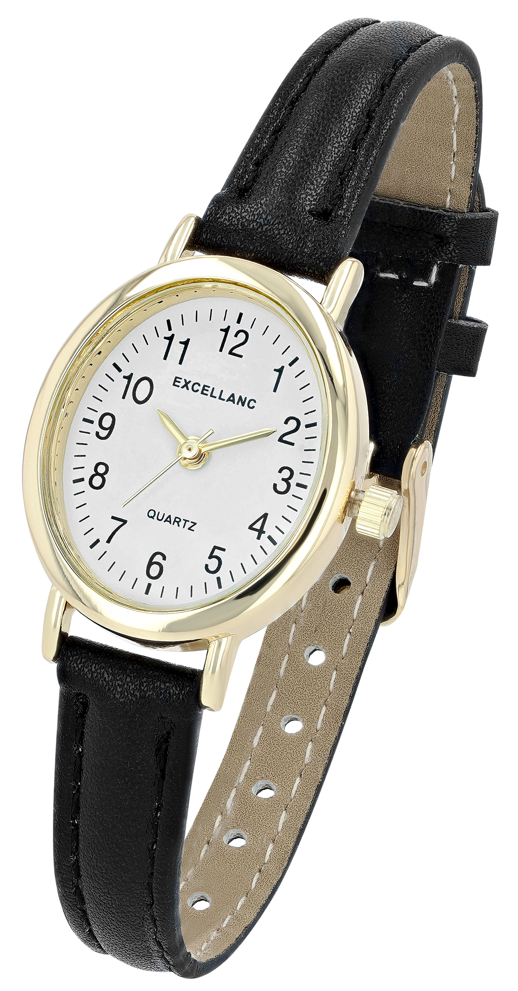 Excellanc ovale Damenuhr, Lederimitatband, schwarz/ goldfarben/ weiß