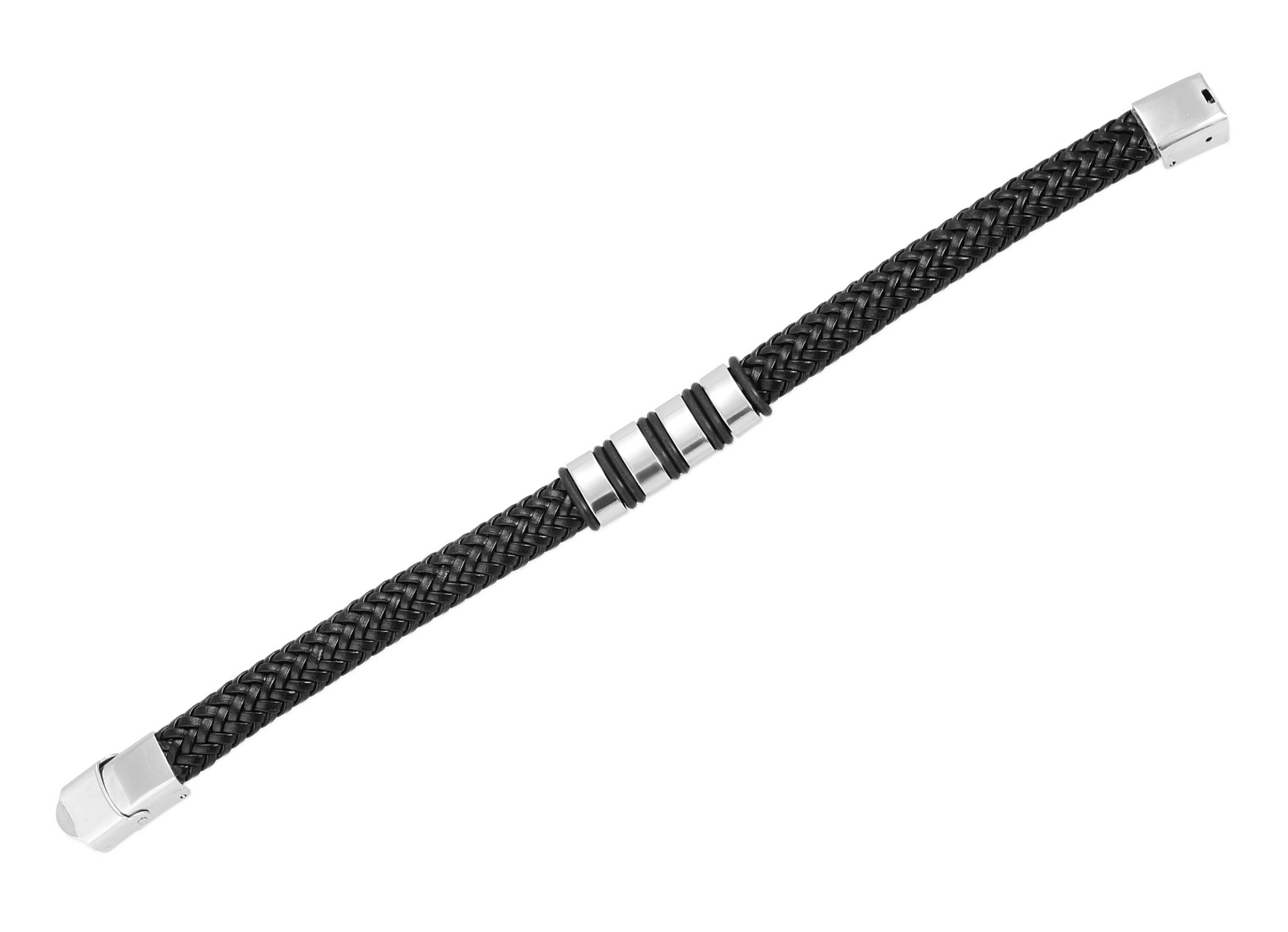 "Geri", Akzent Echtlederarmband, geflochten mit Edelstahlelementen, schwarz/silberfarben