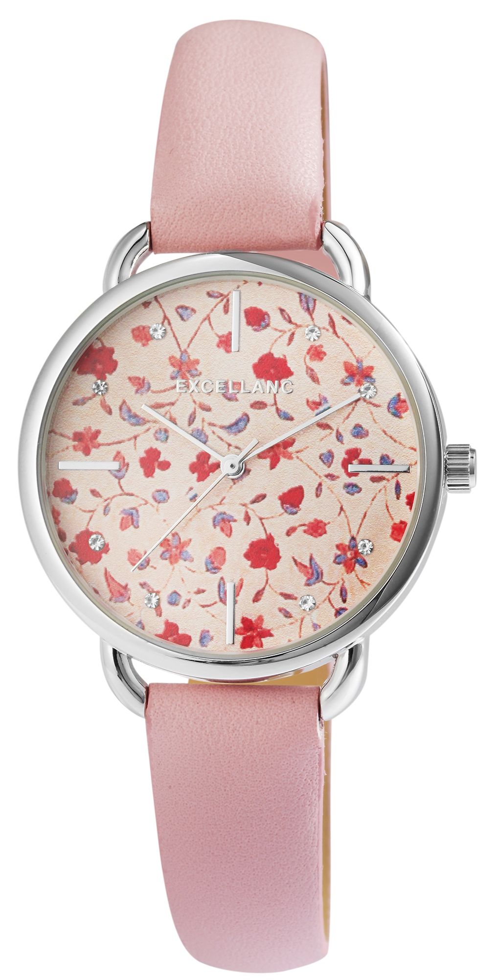 Excellanc Damenuhr mit Lederimitationsarmband, floral, rosa
