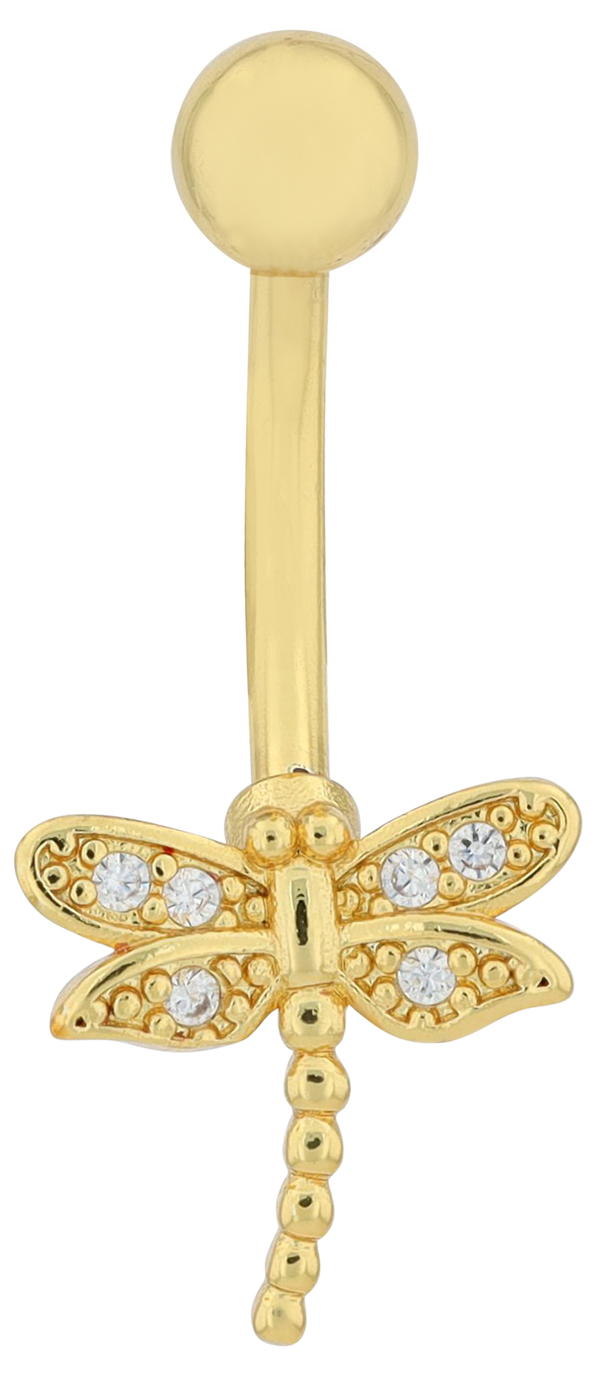 "Emy" Edelstahl-Bronze Bauchnabelpiercing, Länge 12 mm/ Stärke 1,8 mm, Libelle, Zirkonia, goldfarben