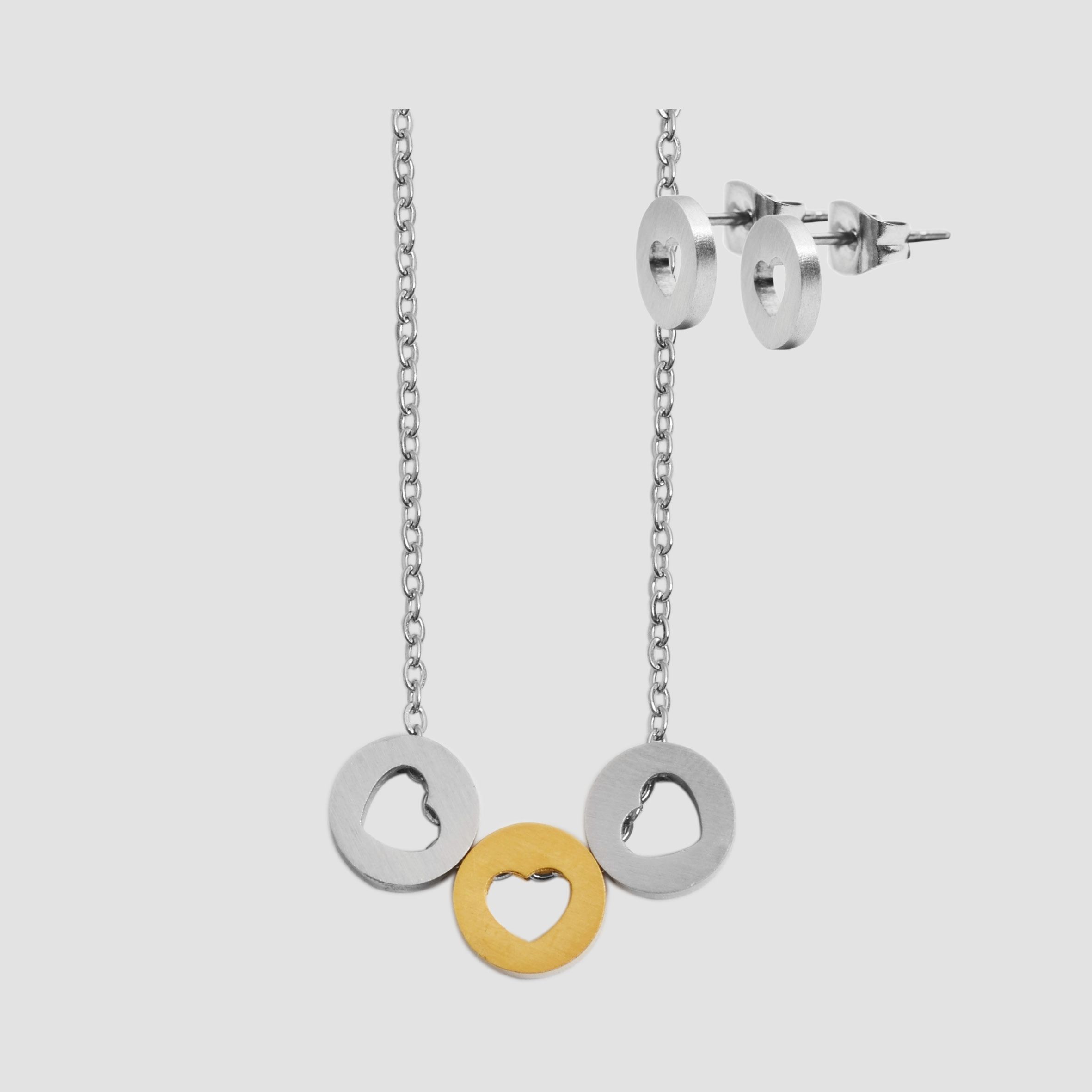 Akzent Edelstahl Schmuckset Kette + Ohrstecker, Kreis/ Herz, matt, silber-& goldfarbig